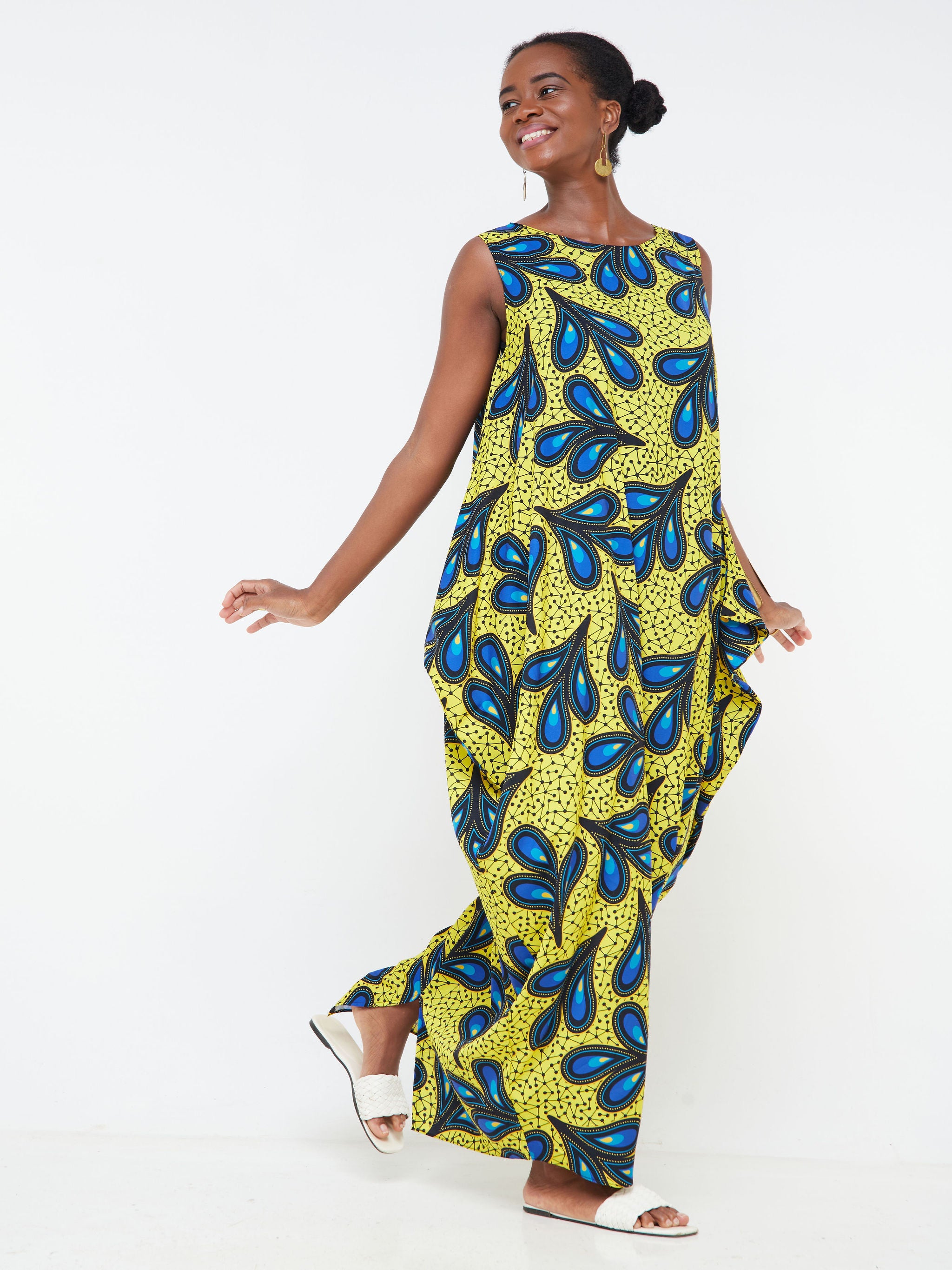 Vivo Alek Side Cowl Sleeveless Maxi Dress - Yellow / Navy Blue Abstract