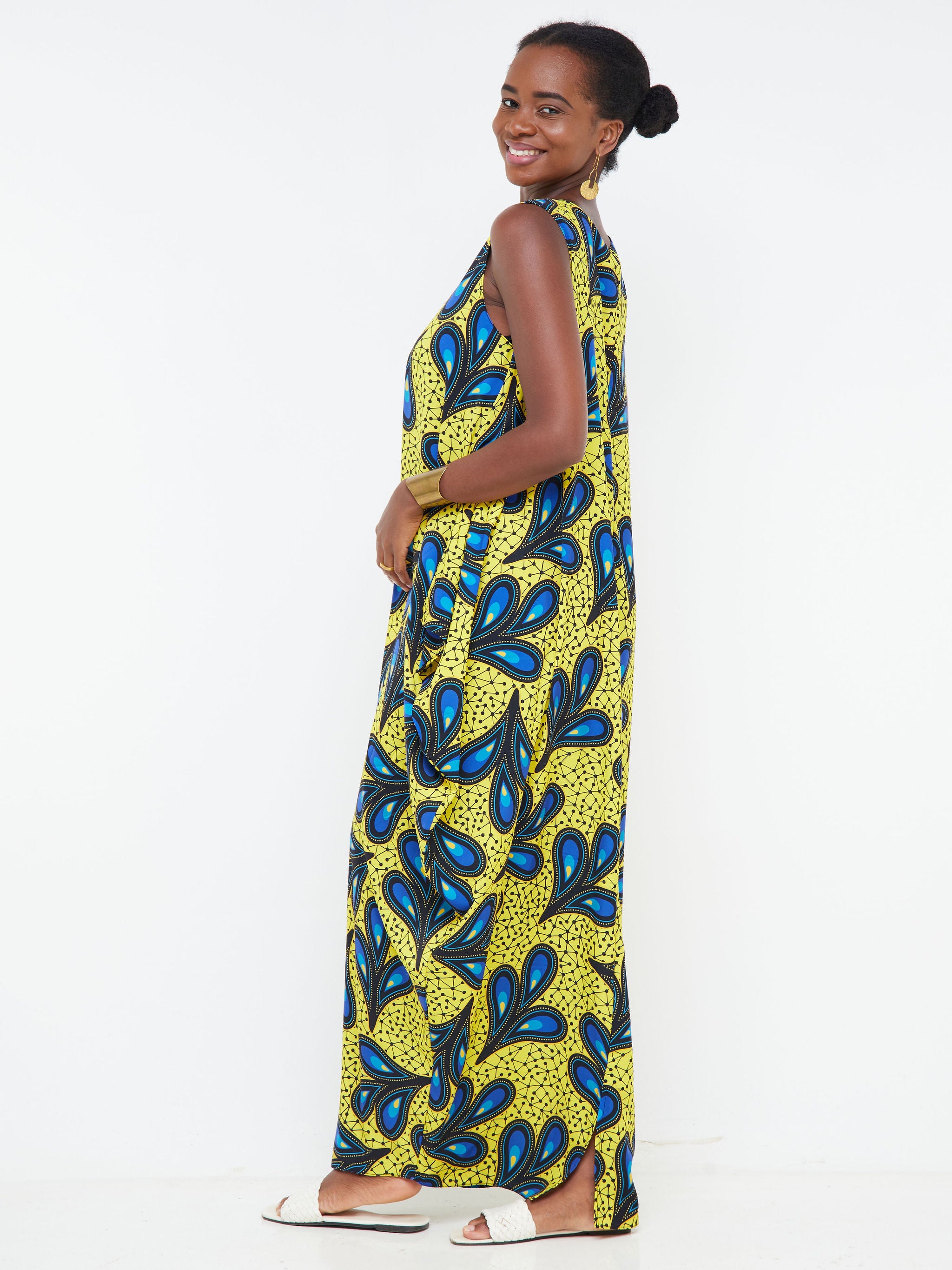 Vivo Alek Side Cowl Sleeveless Maxi Dress - Yellow / Navy Blue Abstract