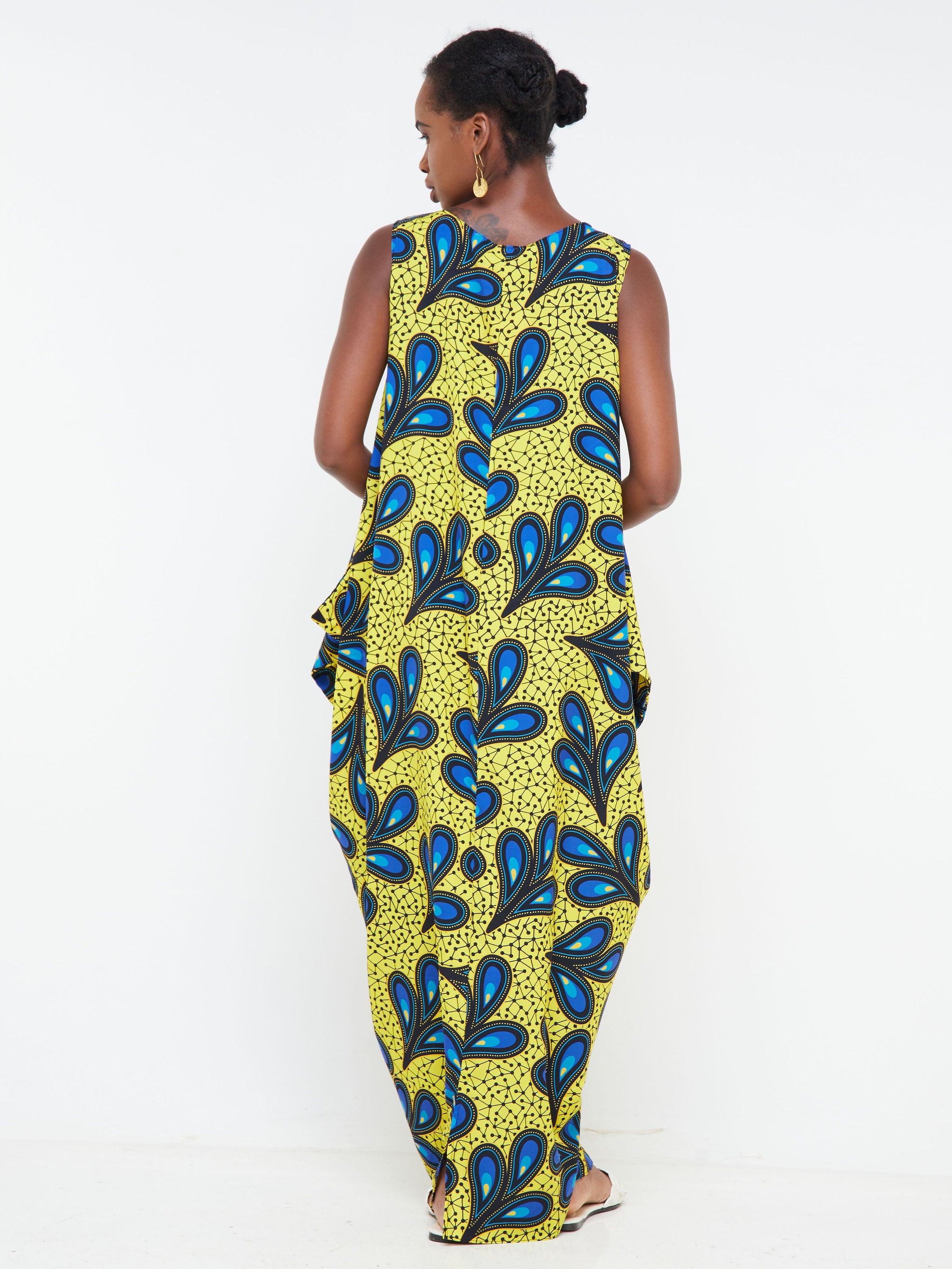 Vivo Alek Side Cowl Sleeveless Maxi Dress - Yellow / Navy Blue Abstract