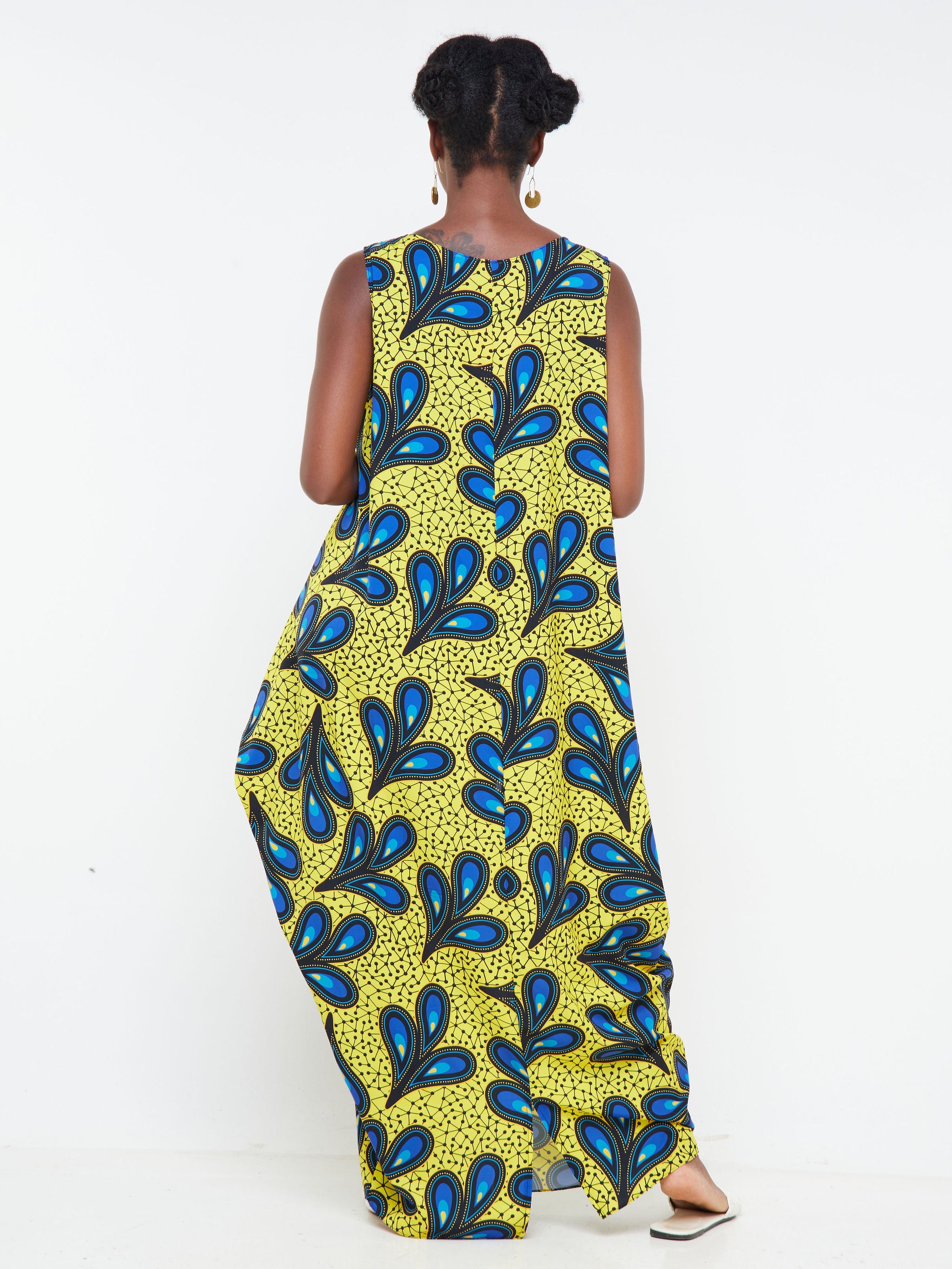 Vivo Alek Side Cowl Sleeveless Maxi Dress - Yellow / Navy Blue Abstract