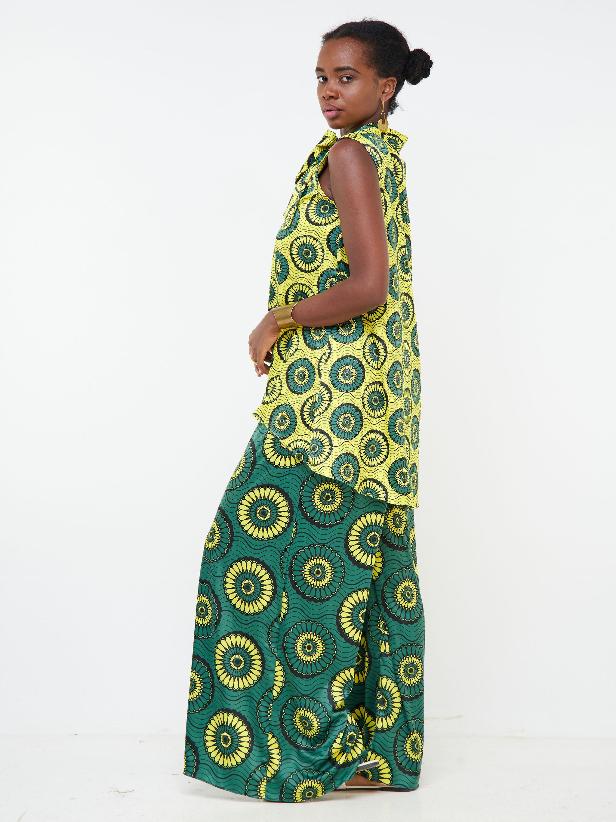 Vivo Bissa High Low Sleeveless Top - Yellow / Emerald Green Floral Print