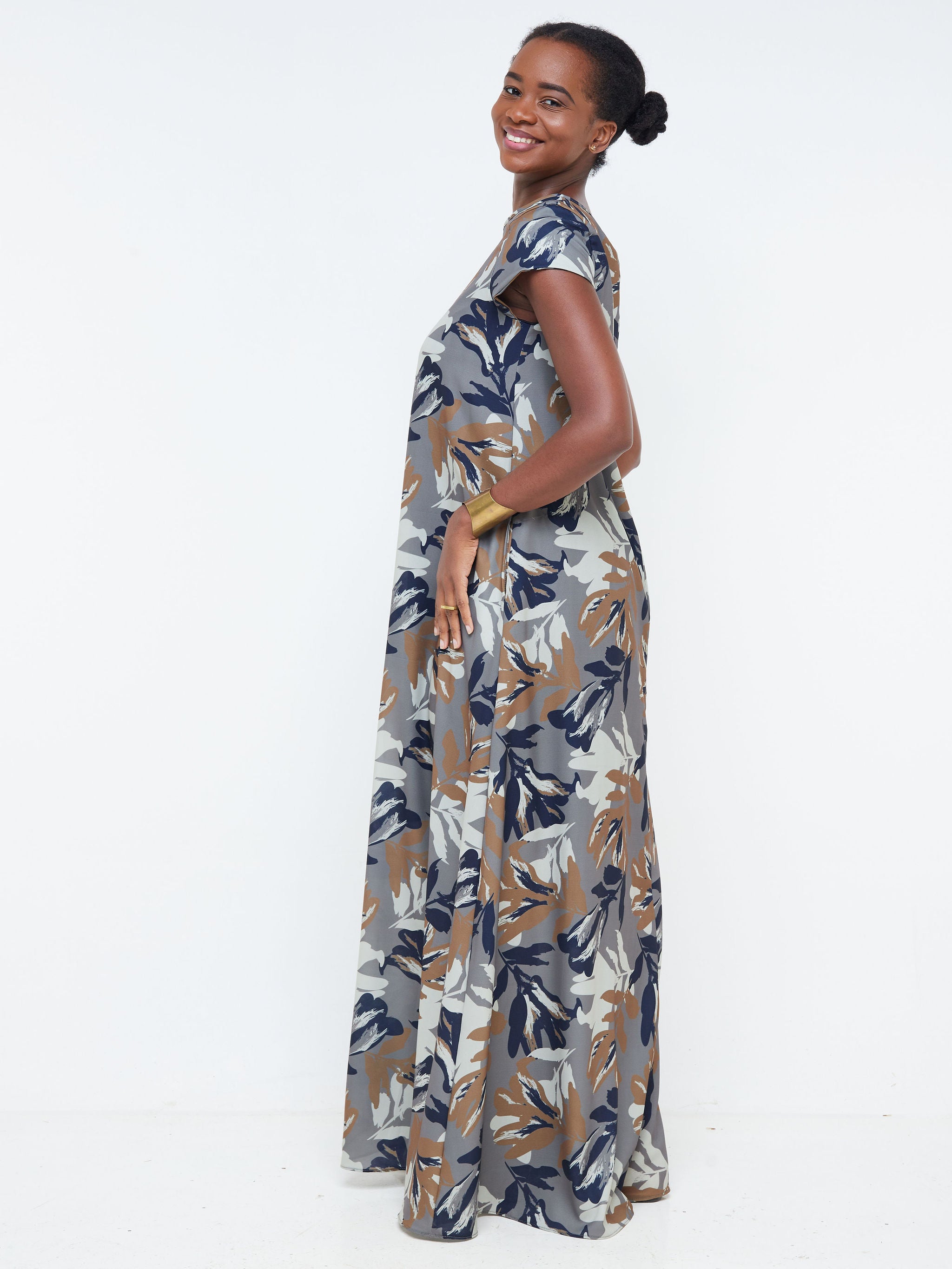Vivo Basic Cap Sleeved Tent Maxi Dress - Grey / Navy Blue Floral Print