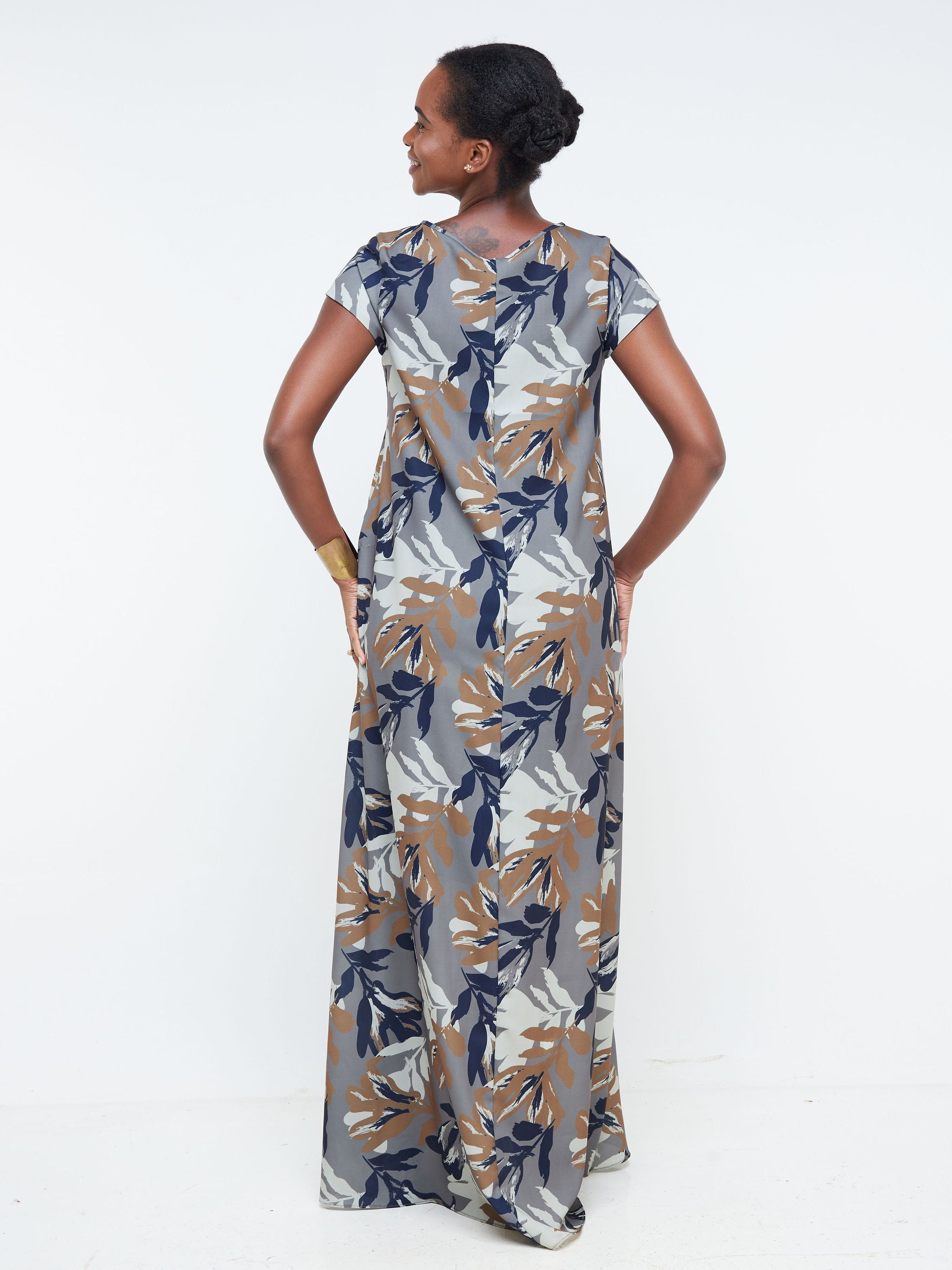 Vivo Basic Cap Sleeved Tent Maxi Dress - Grey / Navy Blue Floral Print