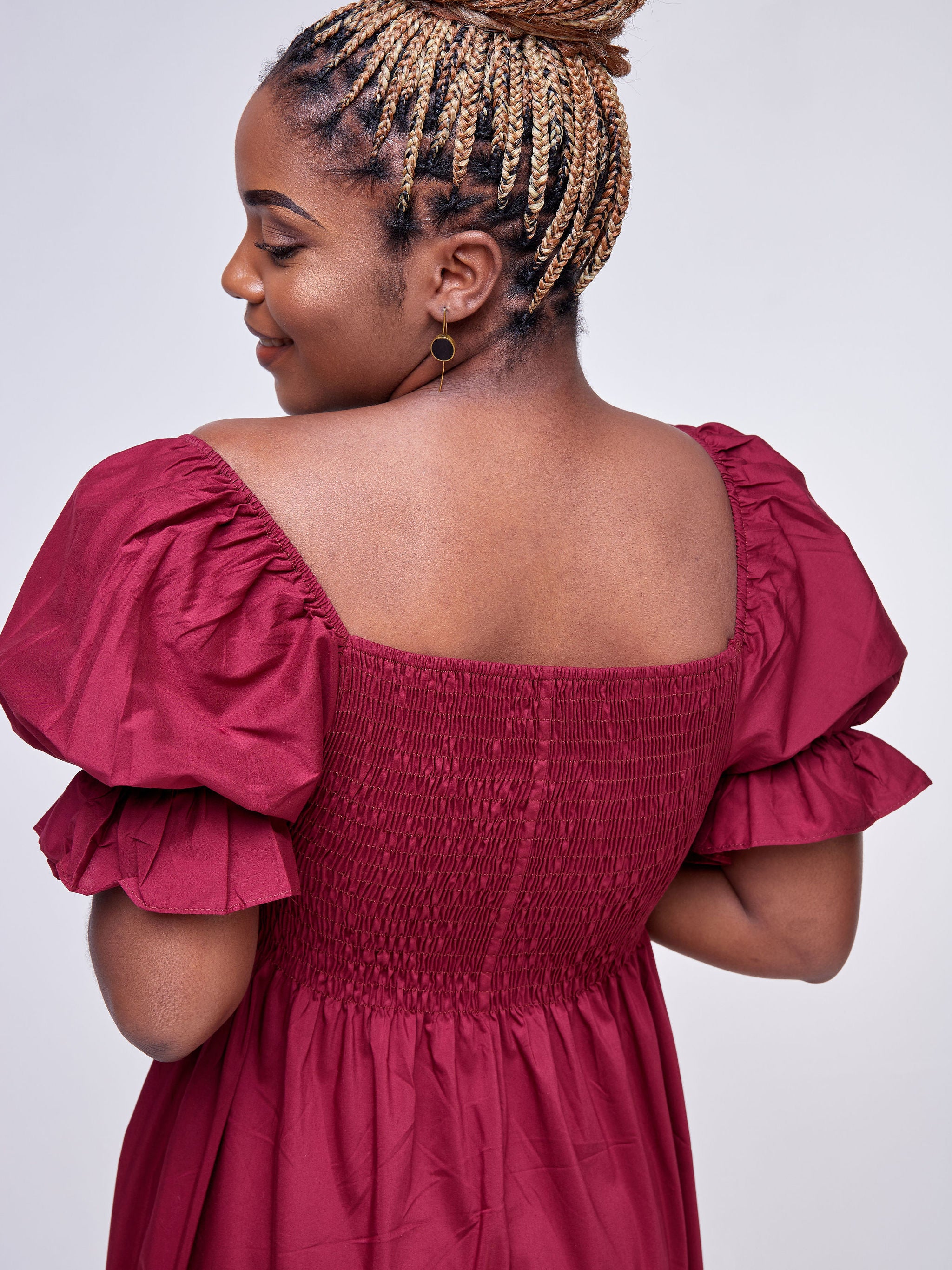 Safari Mara Shirred Bishop Sleeve Maxi Dress - Maroon