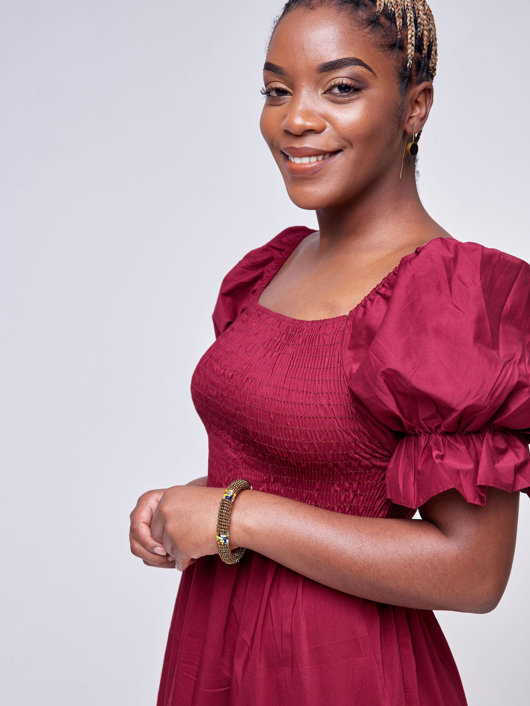 Safari Mara Shirred Bishop Sleeve Maxi Dress - Maroon