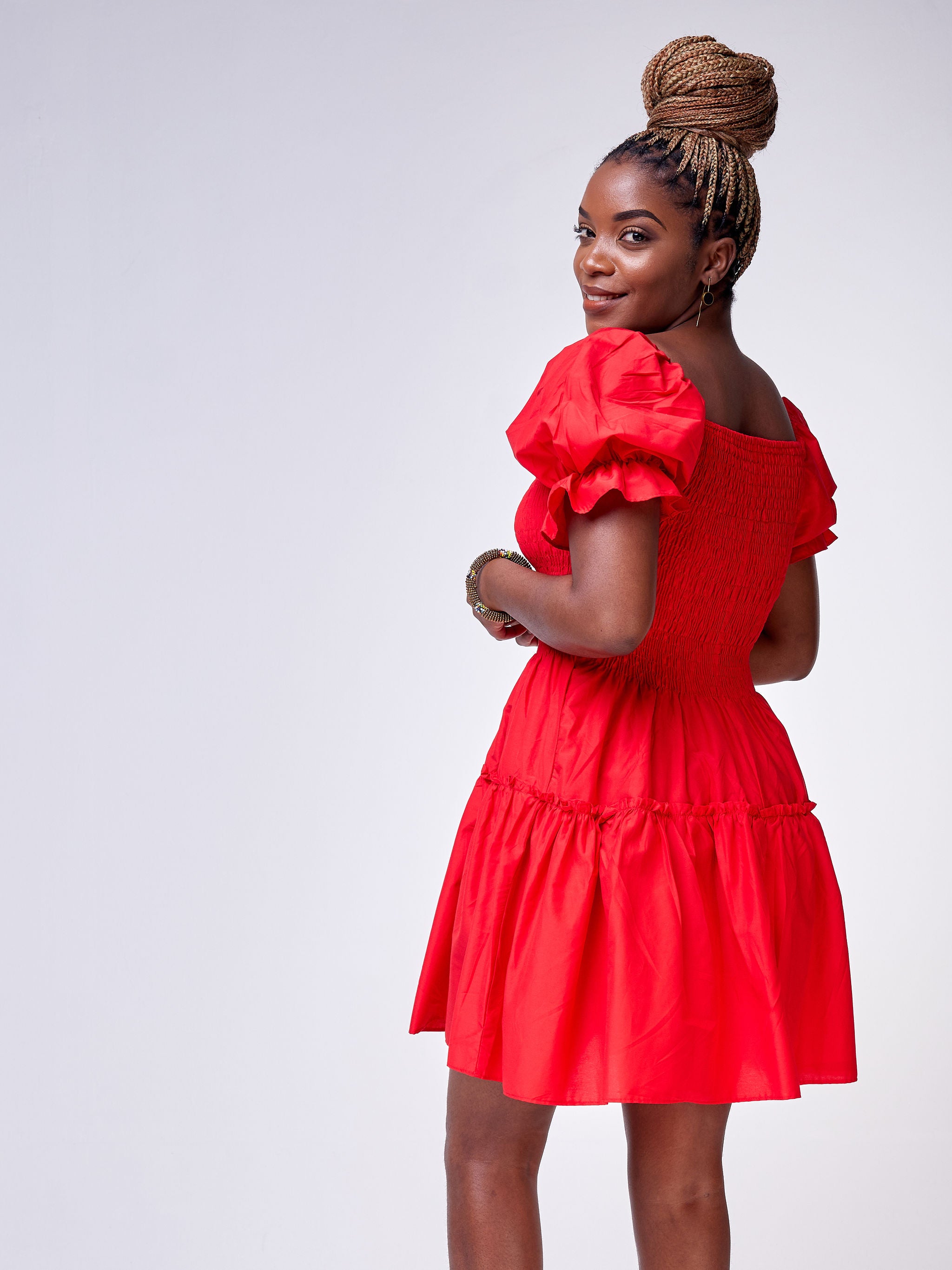 Safari Mara Shirred Bishop Sleeve Dress - Red