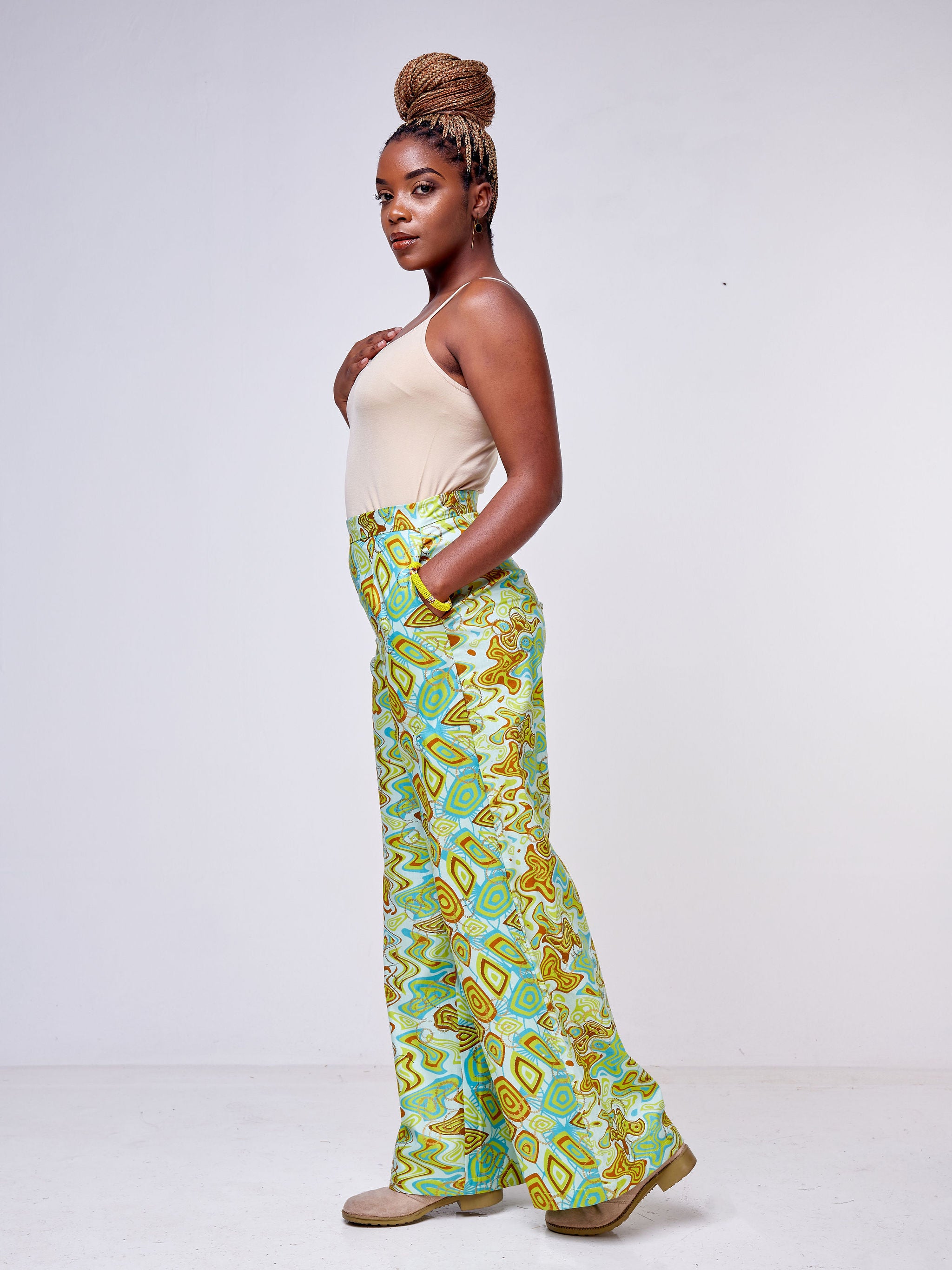 Safari Mara Wide Leg Pants - Blue / Lime Green Ankara Print