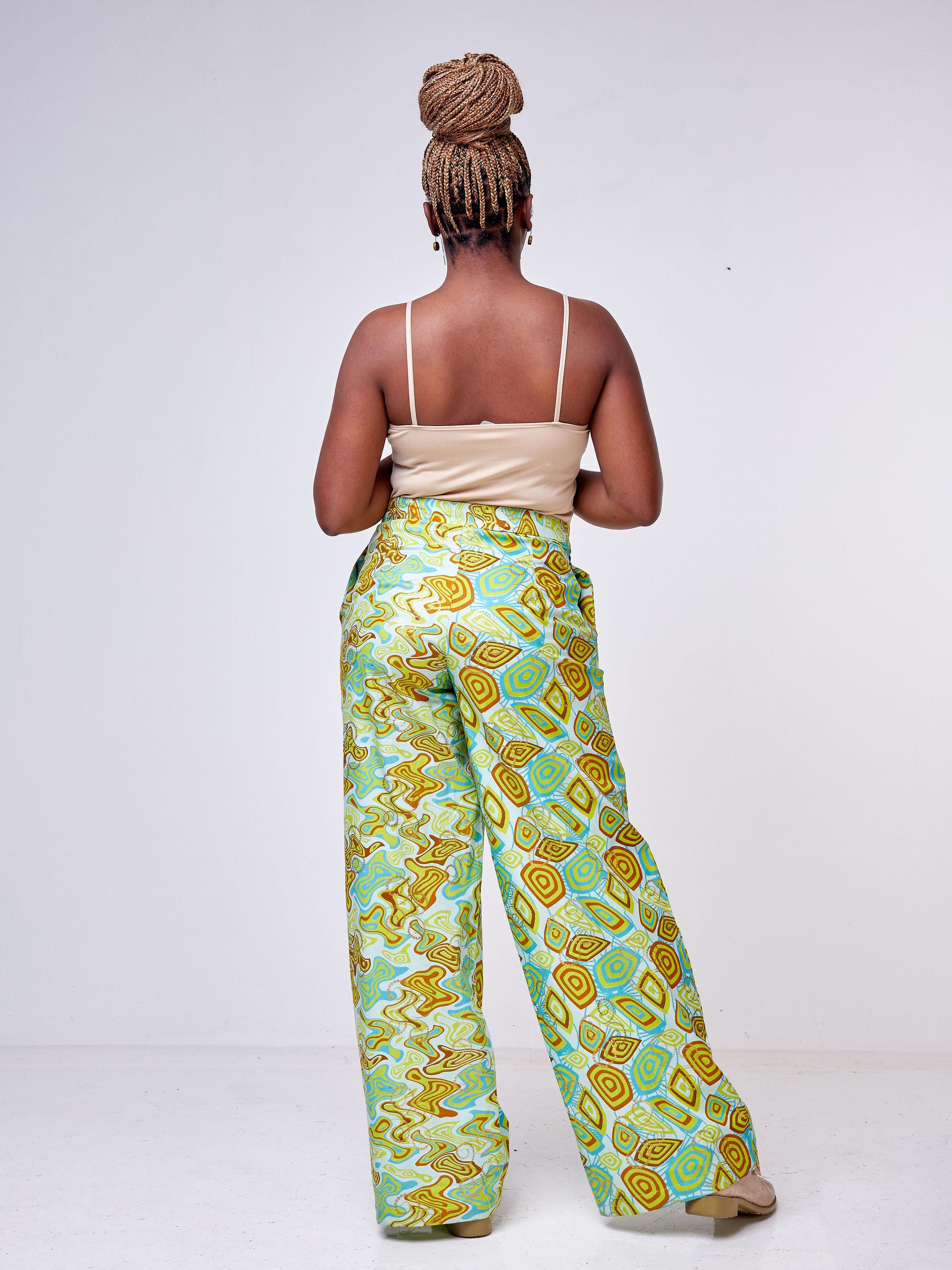 Safari Mara Wide Leg Pants - Blue / Lime Green Ankara Print