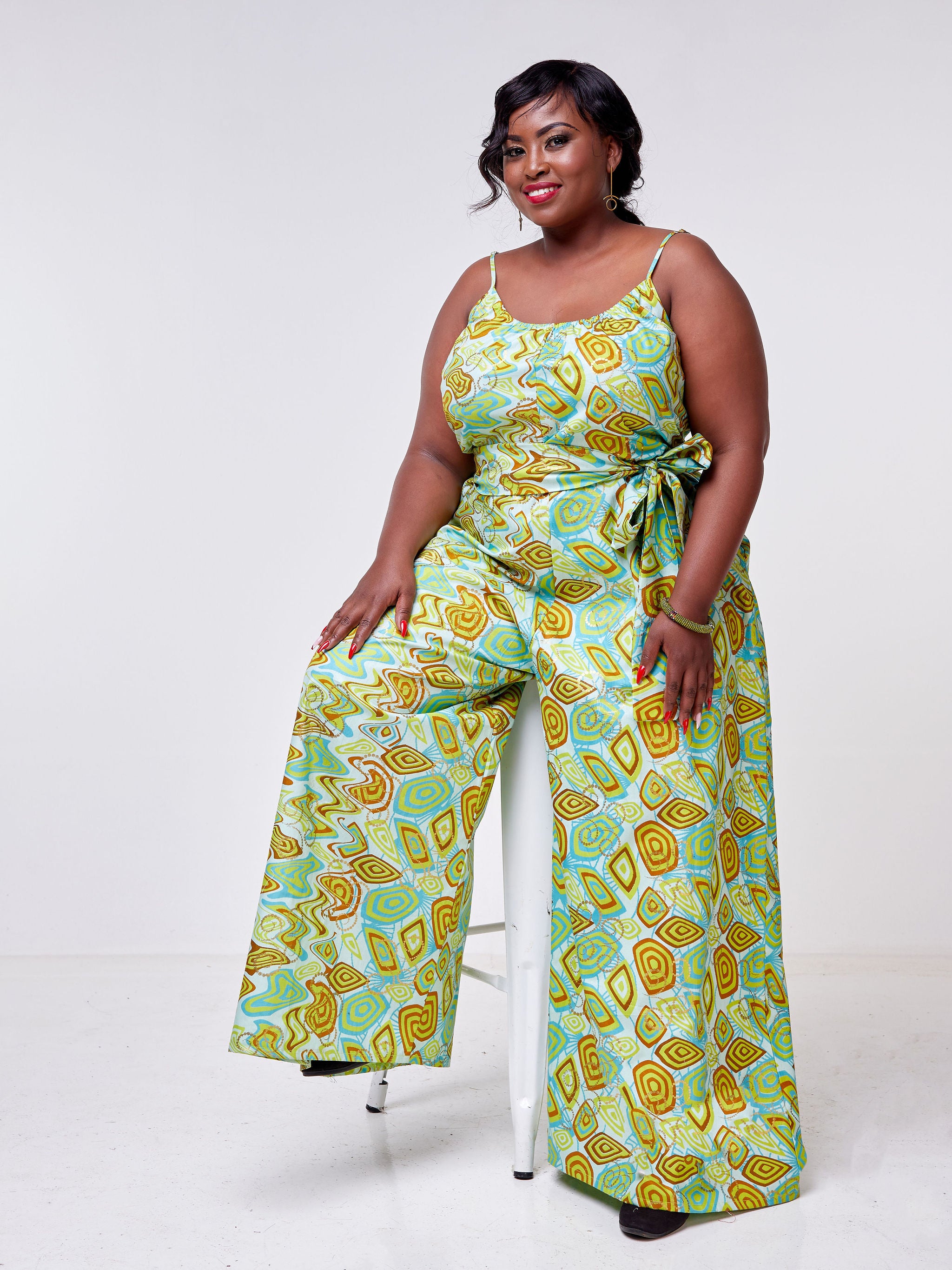 Safari Mara Strappy Jumpsuit - Blue / Lime Green Ankara