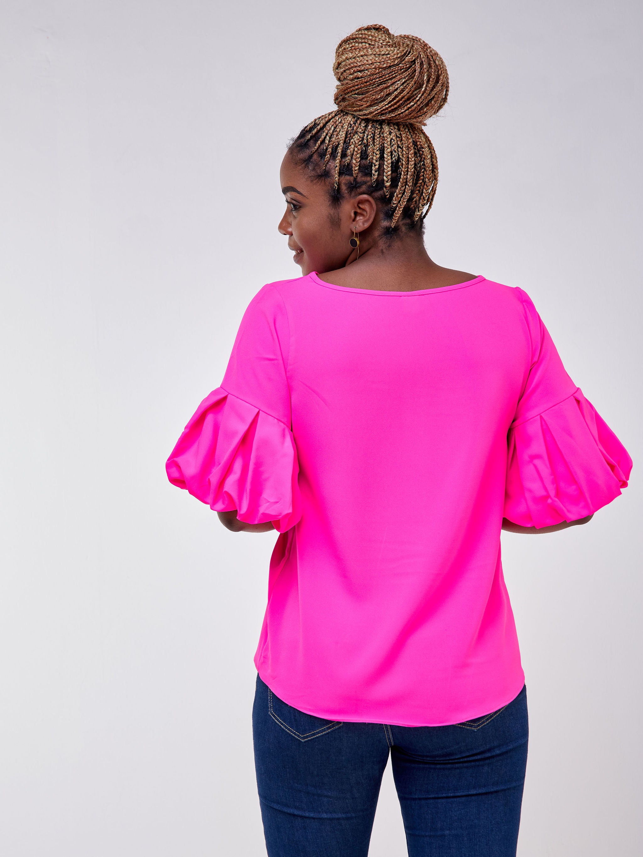 Vivo Basic Boundneck Puff Sleeve Top - Neon Pink