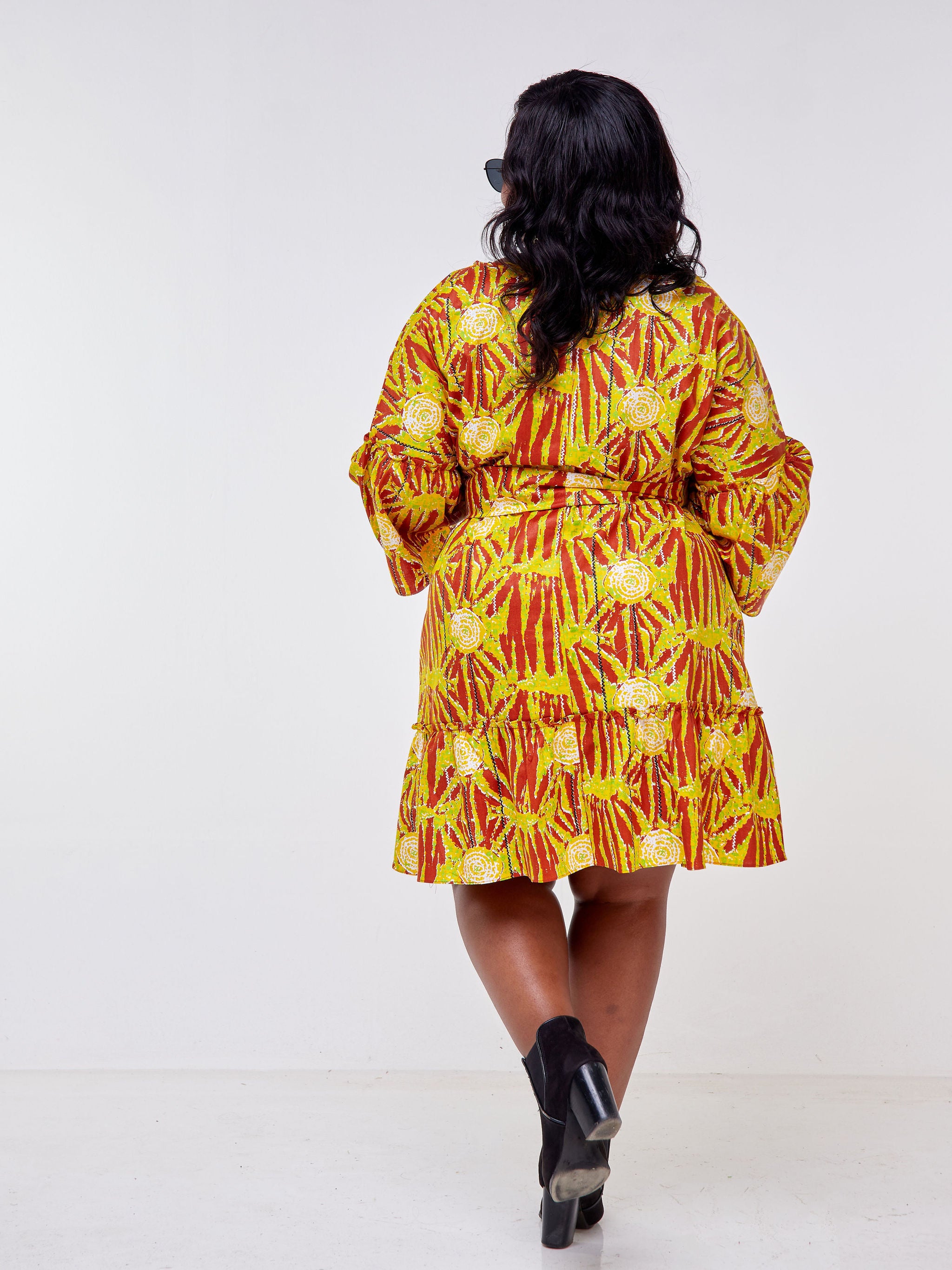 Safari Mara Flounce Knee Length Dress - Rust / Mustard Ankara Print