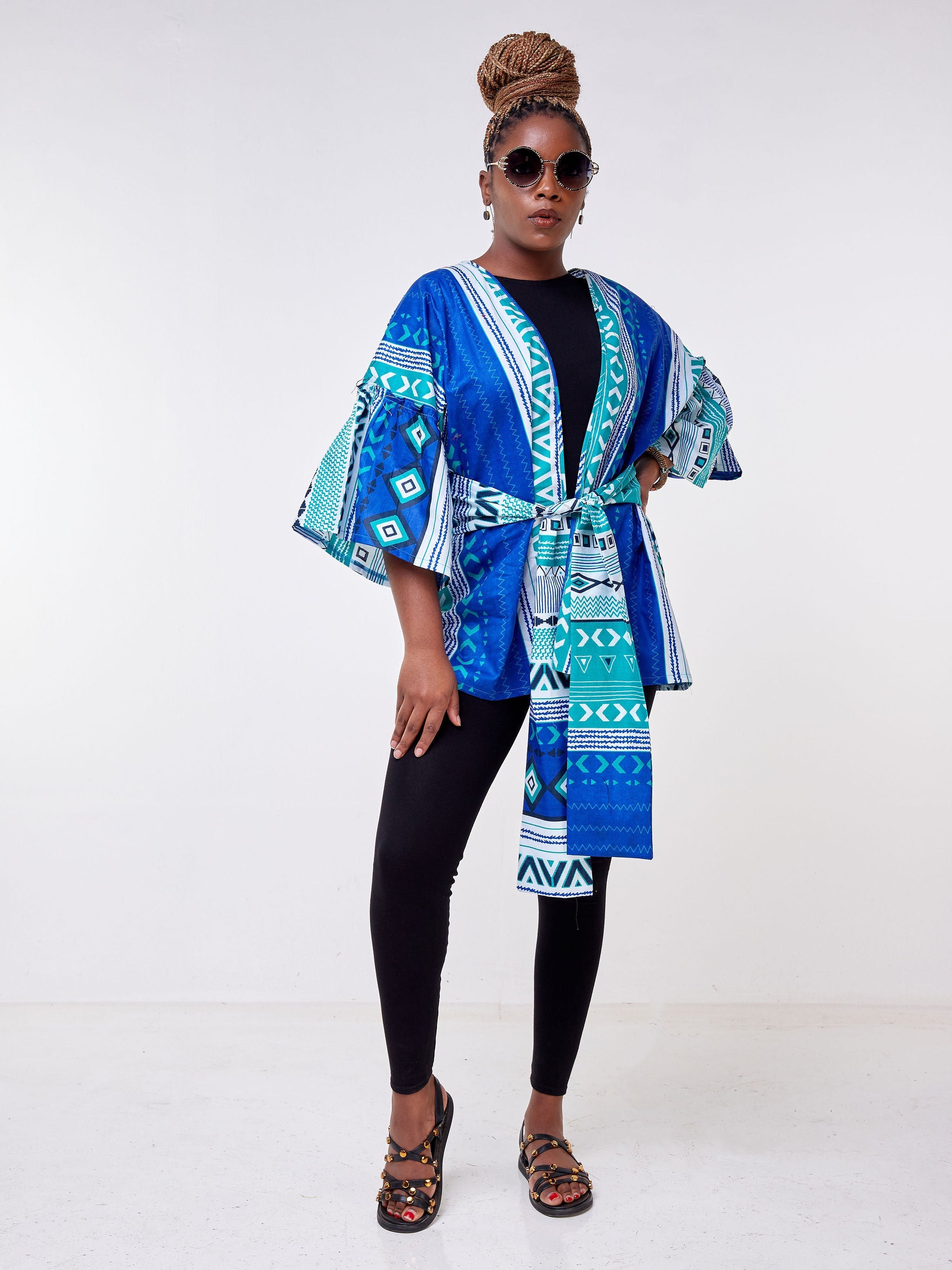 Safari Mara Short Kimono - Sea Green / Blue Ankara Print