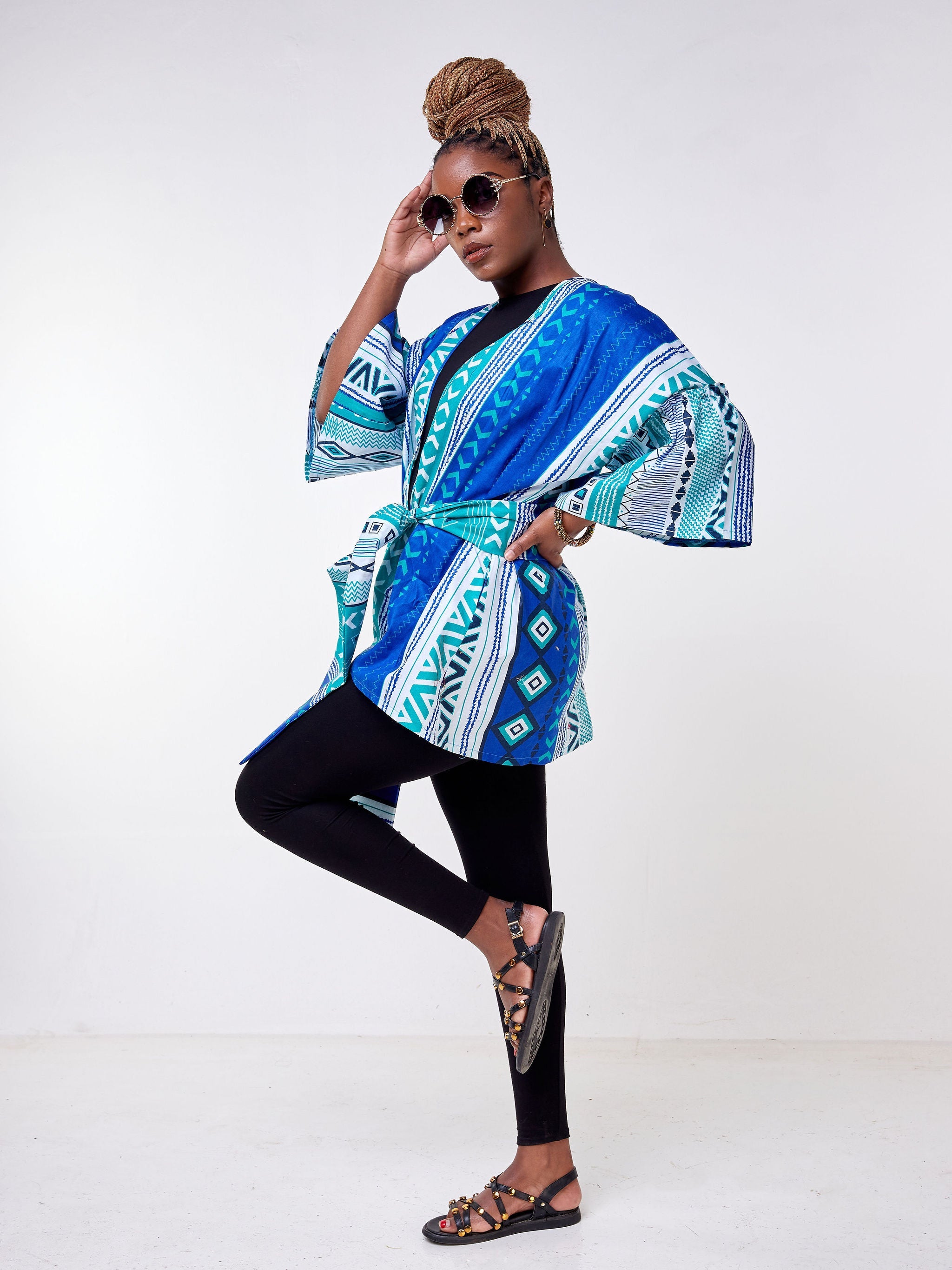 Safari Mara Short Kimono - Sea Green / Blue Ankara Print