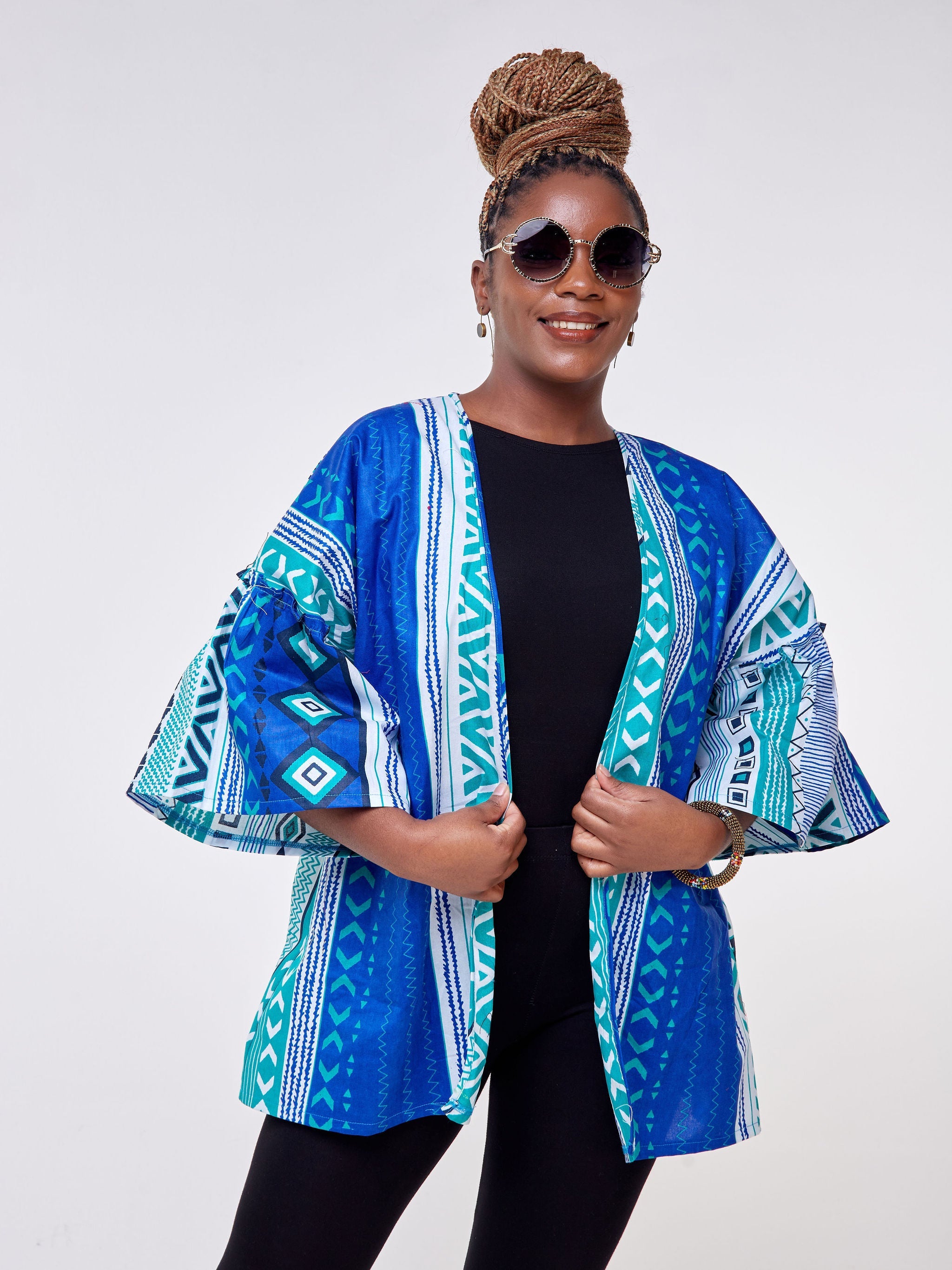 Safari Mara Short Kimono - Sea Green / Blue Ankara Print