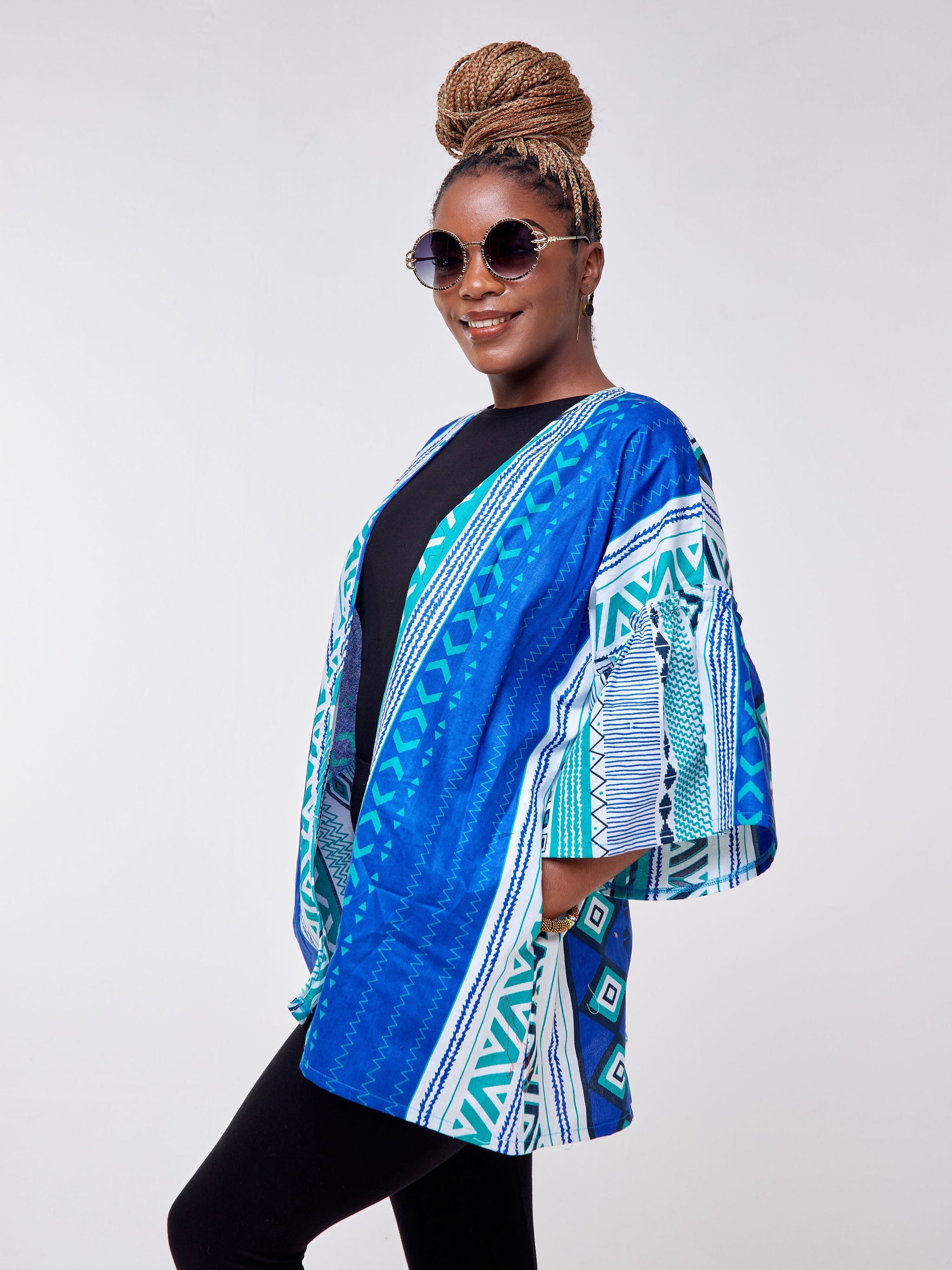 Safari Mara Short Kimono - Sea Green / Blue Ankara Print