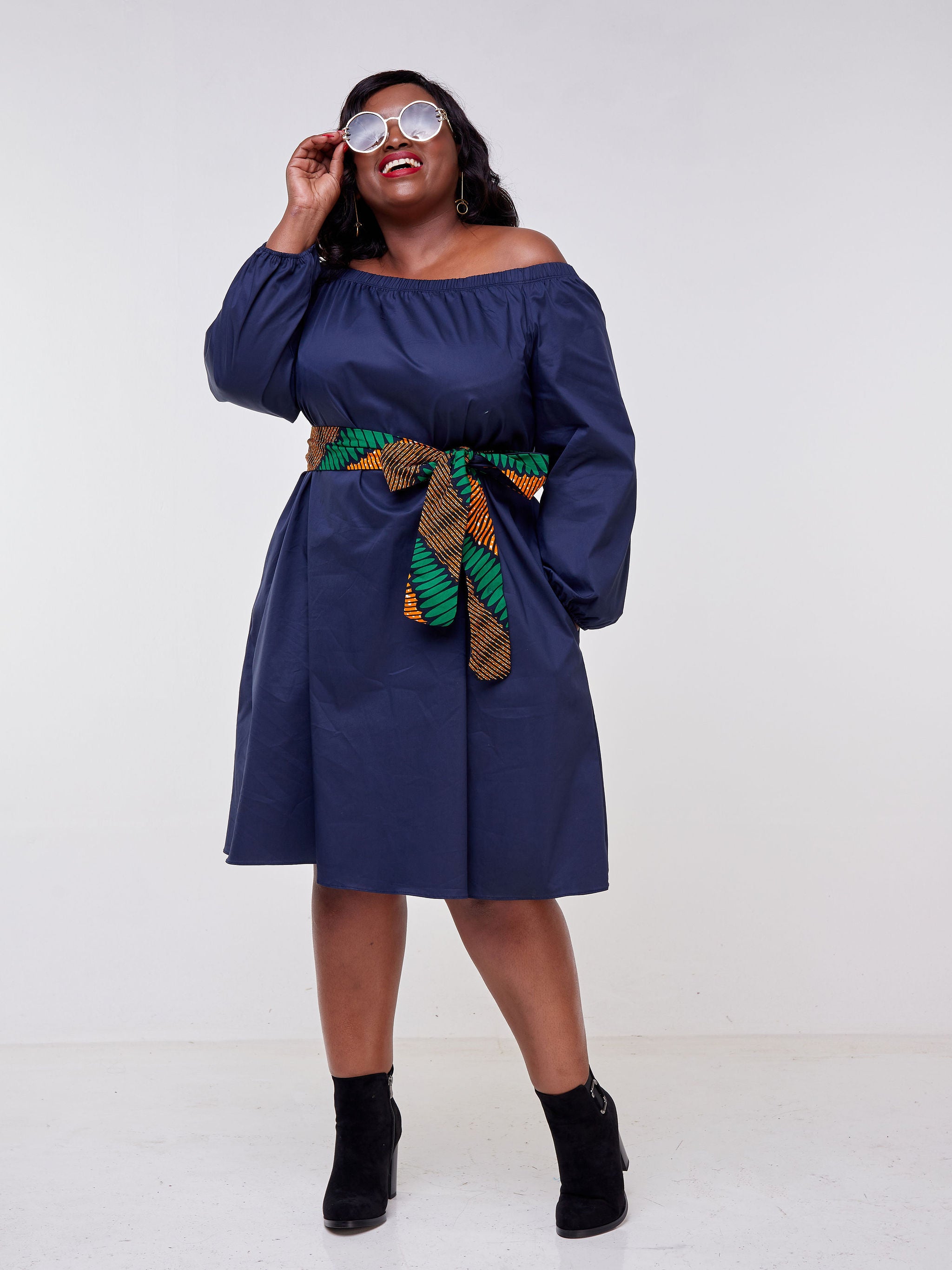Safari Tawi Off Shoulder Knee Length Dress - Navy Blue