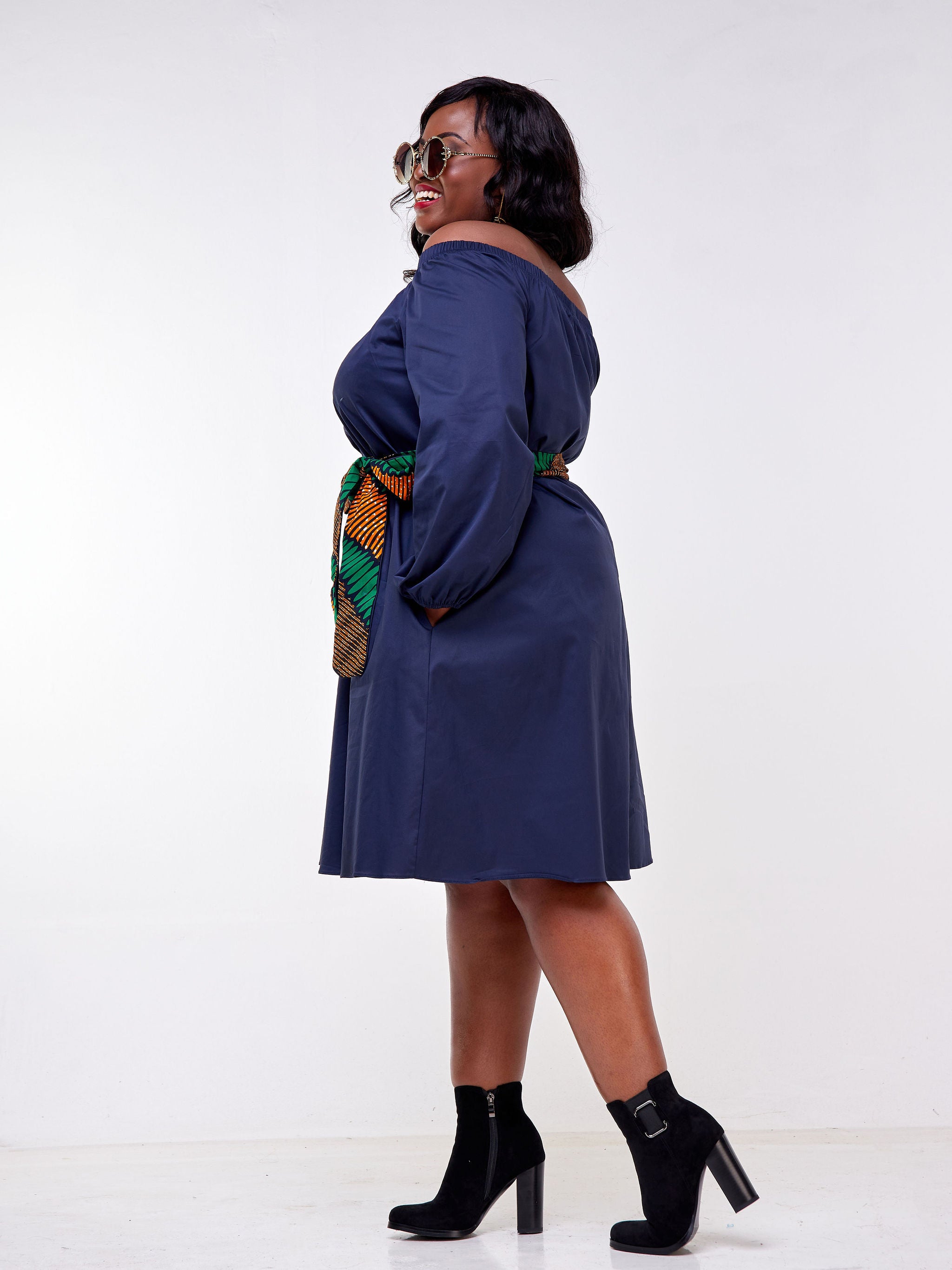 Safari Tawi Off Shoulder Knee Length Dress - Navy Blue