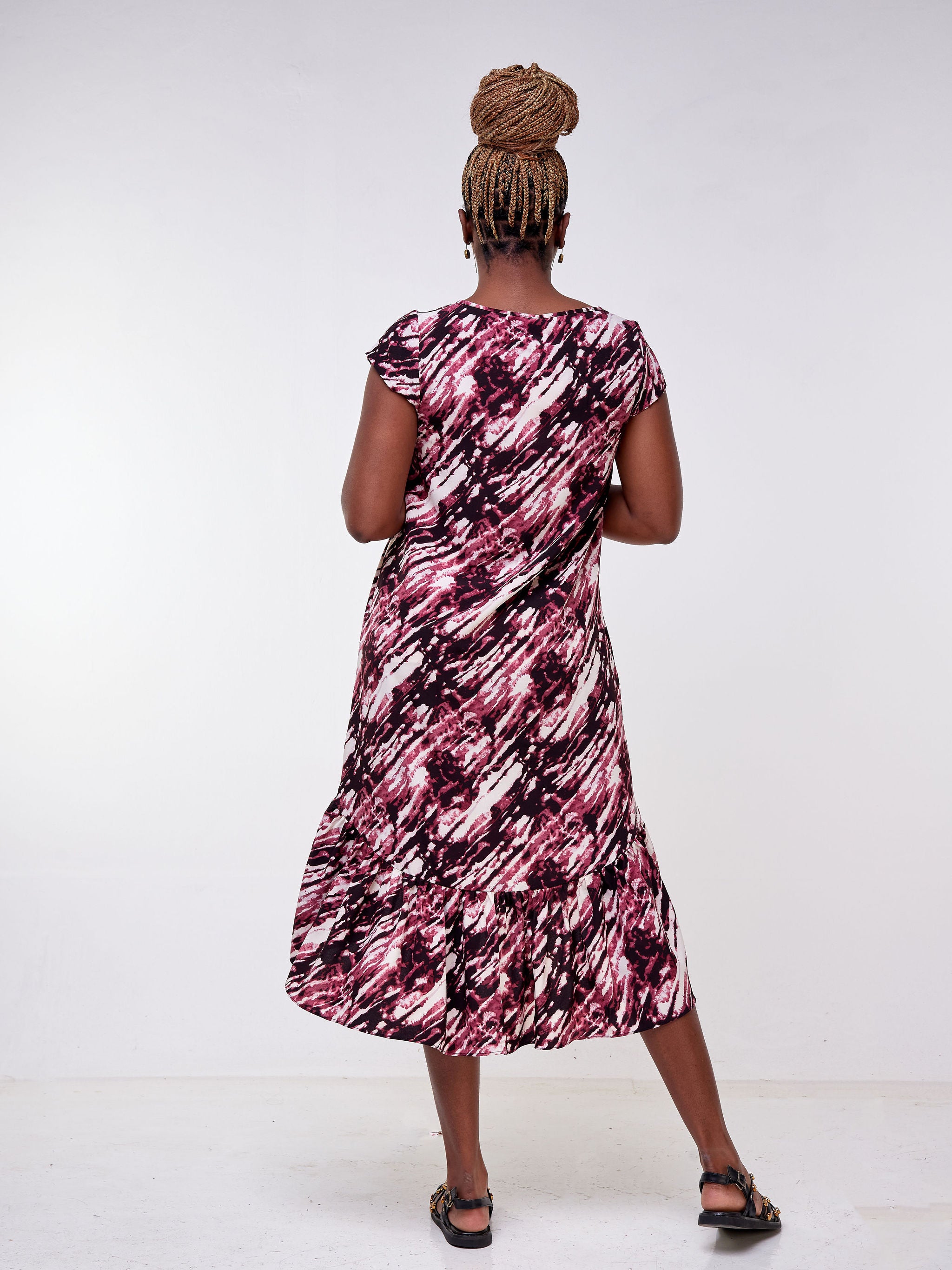 Vivo Ayana Cap Sleeve High Low Tent Dress - Burgundy / Cream Animal Print