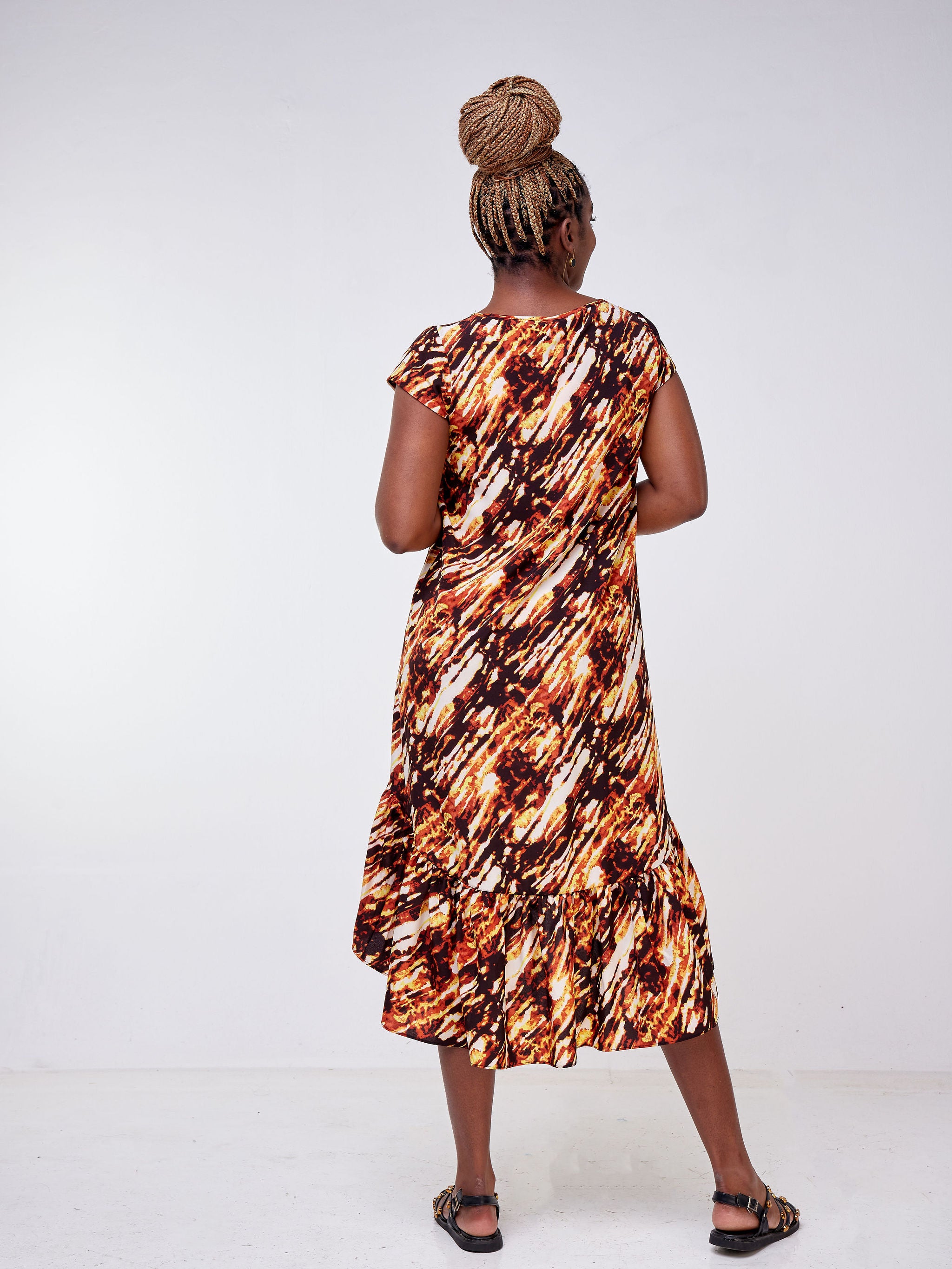 Vivo Ayana Cap Sleeve High Low Tent Dress - Rust / Brown Animal Print