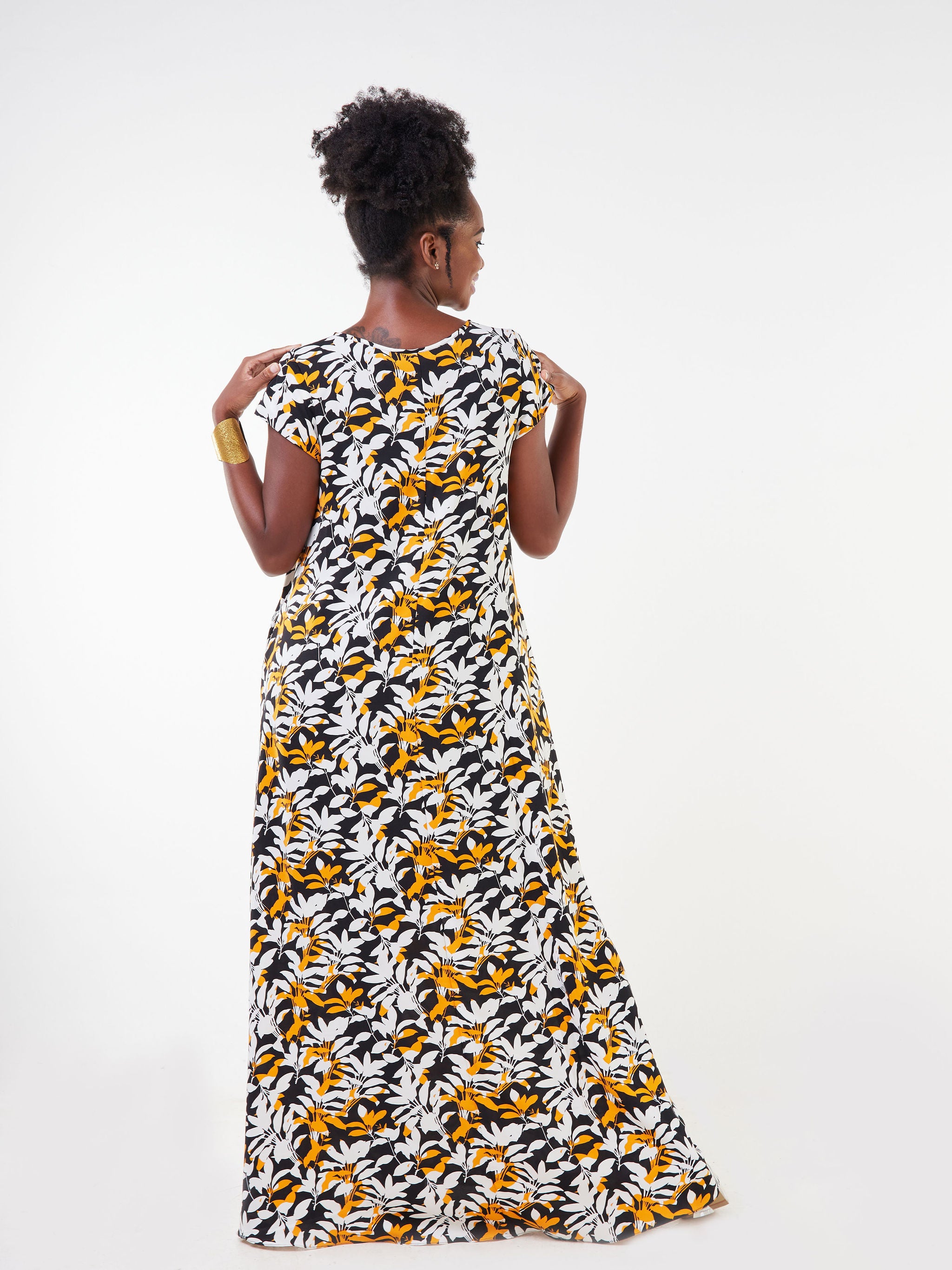 Vivo Basic Cap Sleeved Tent Maxi Dress - Mustard / Black Floral Print