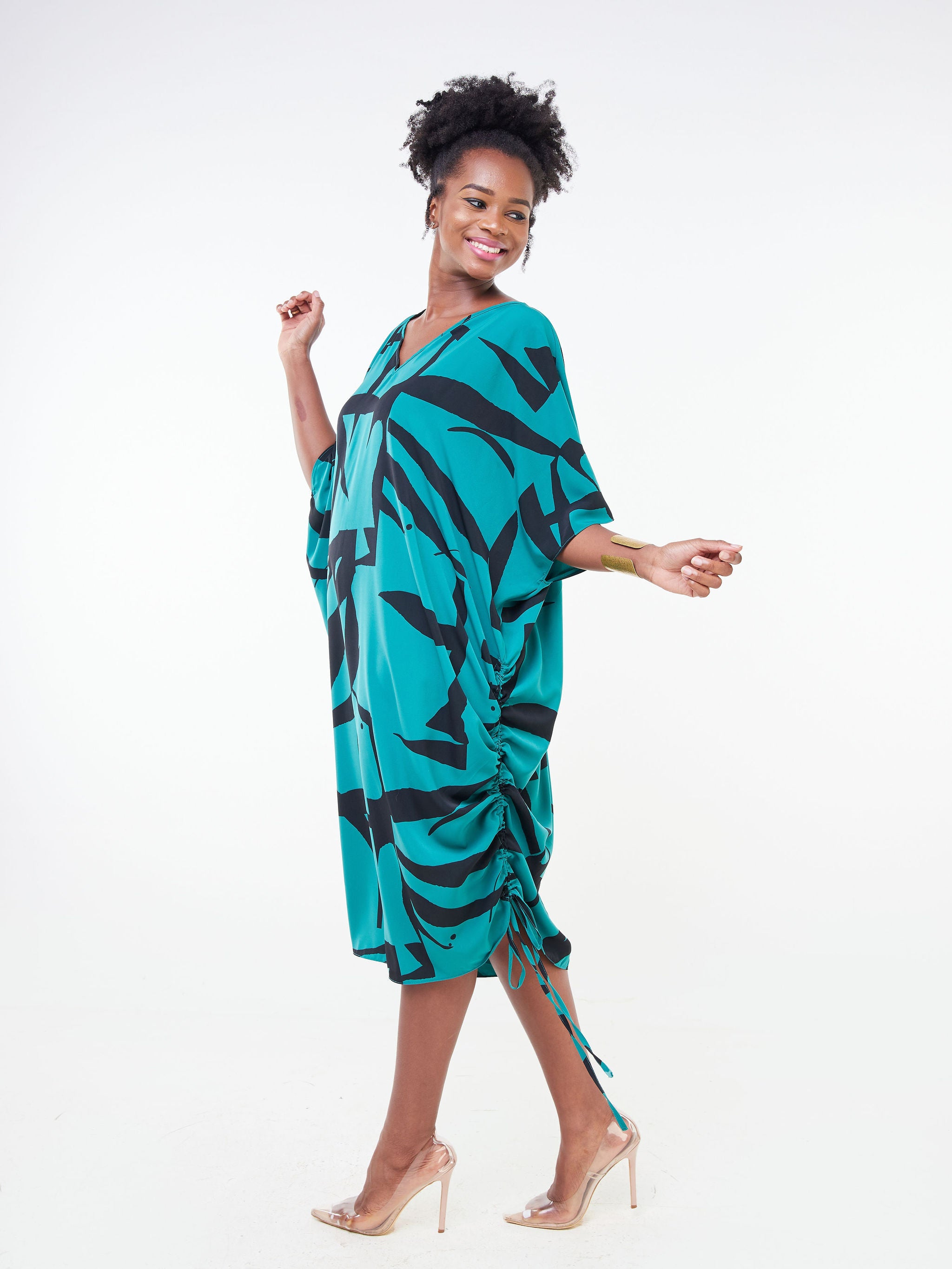 Vivo Adisa V-Neck Side Drawstring Maxi Kaftan - Teal / Black Leaf Print