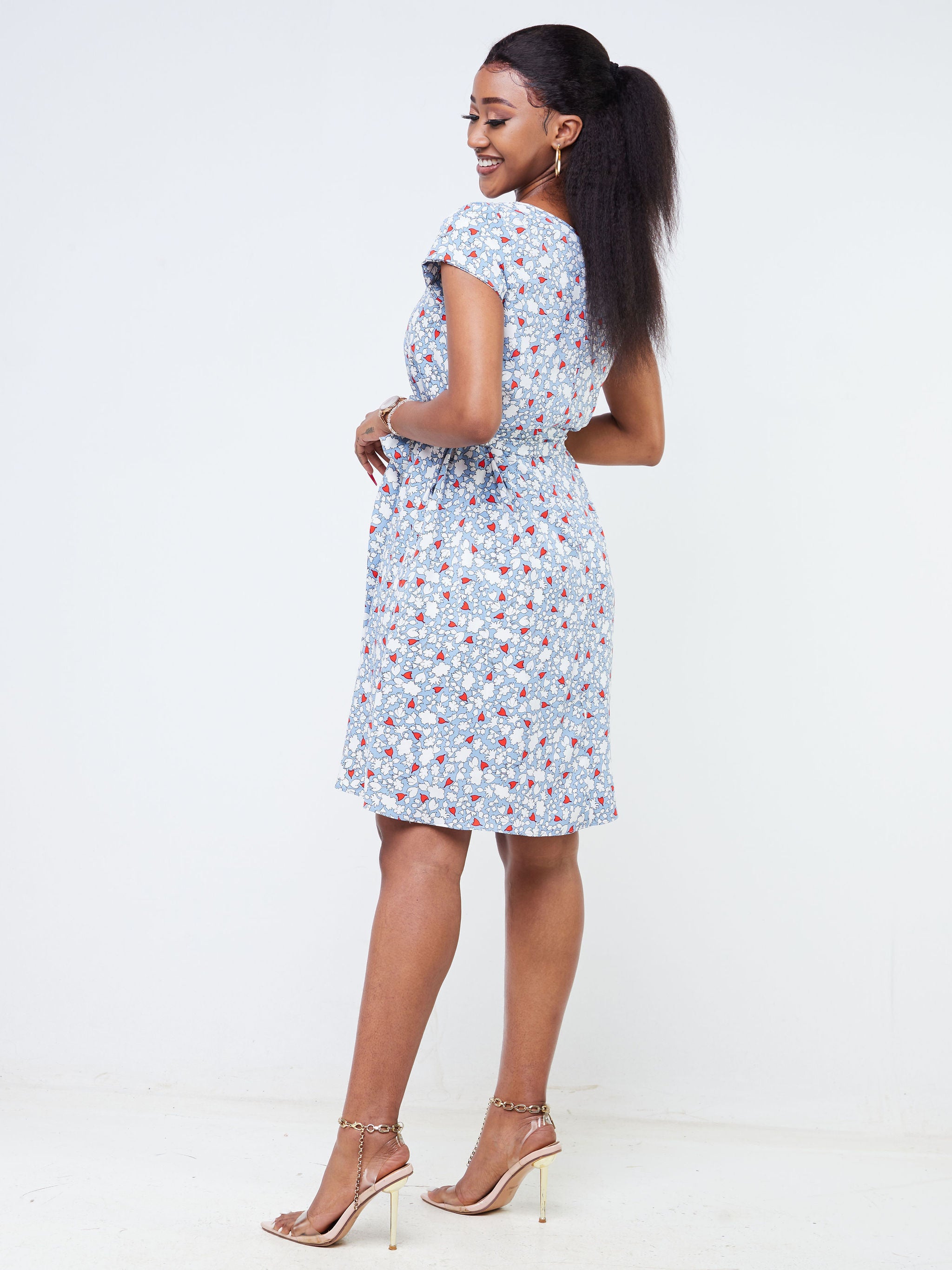 Vivo Basic Cap Sleeve Knee Length Tent Dress - Blue / Red Floral Print
