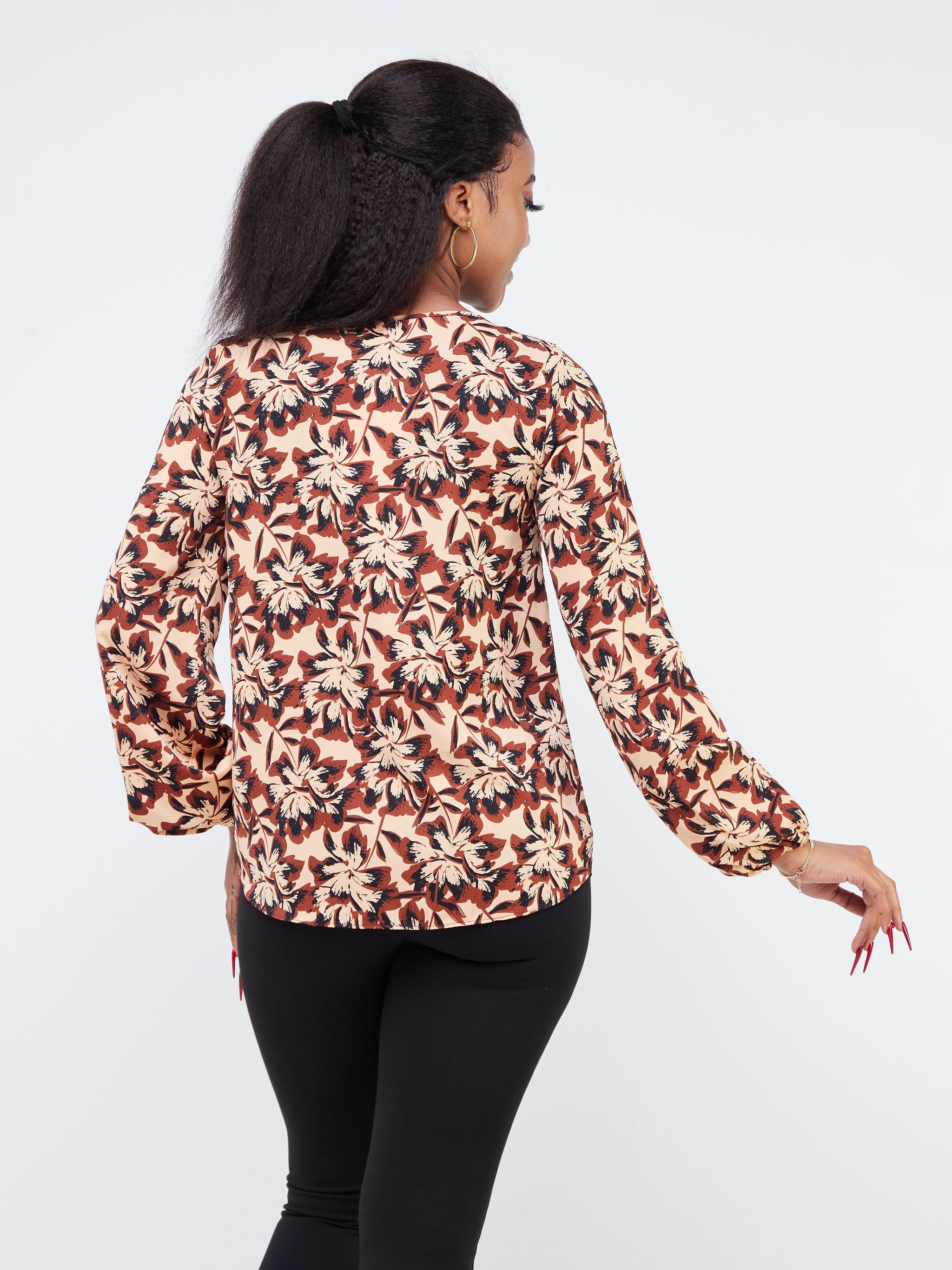 Vivo Basic Long Sleeved Bishop Top - Chocolate / Navy Blue Floral Print