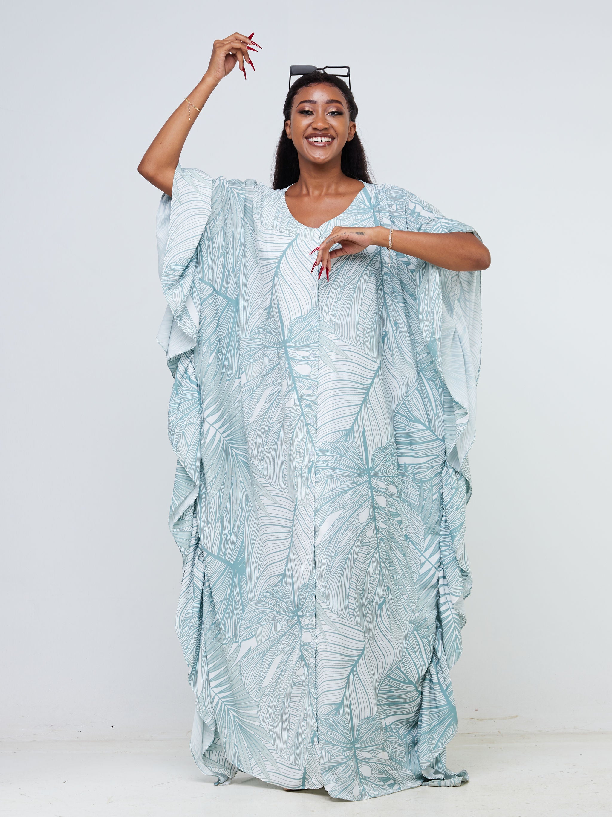 Vivo Malindi Buttoned Kaftan (JK) - White / Mint Tropical Floral Print