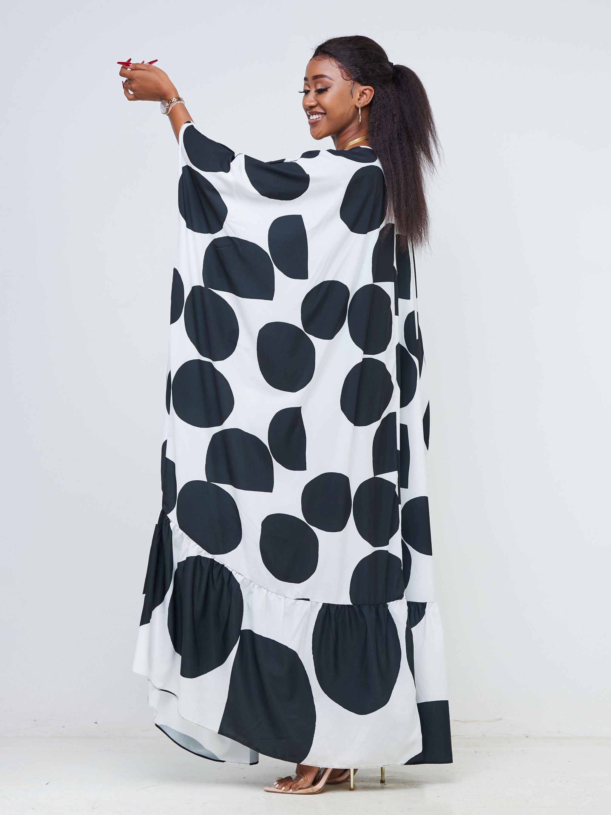 Vivo Adisa V-Neck Tiered Kaftan - Black / White Polka Dot Print