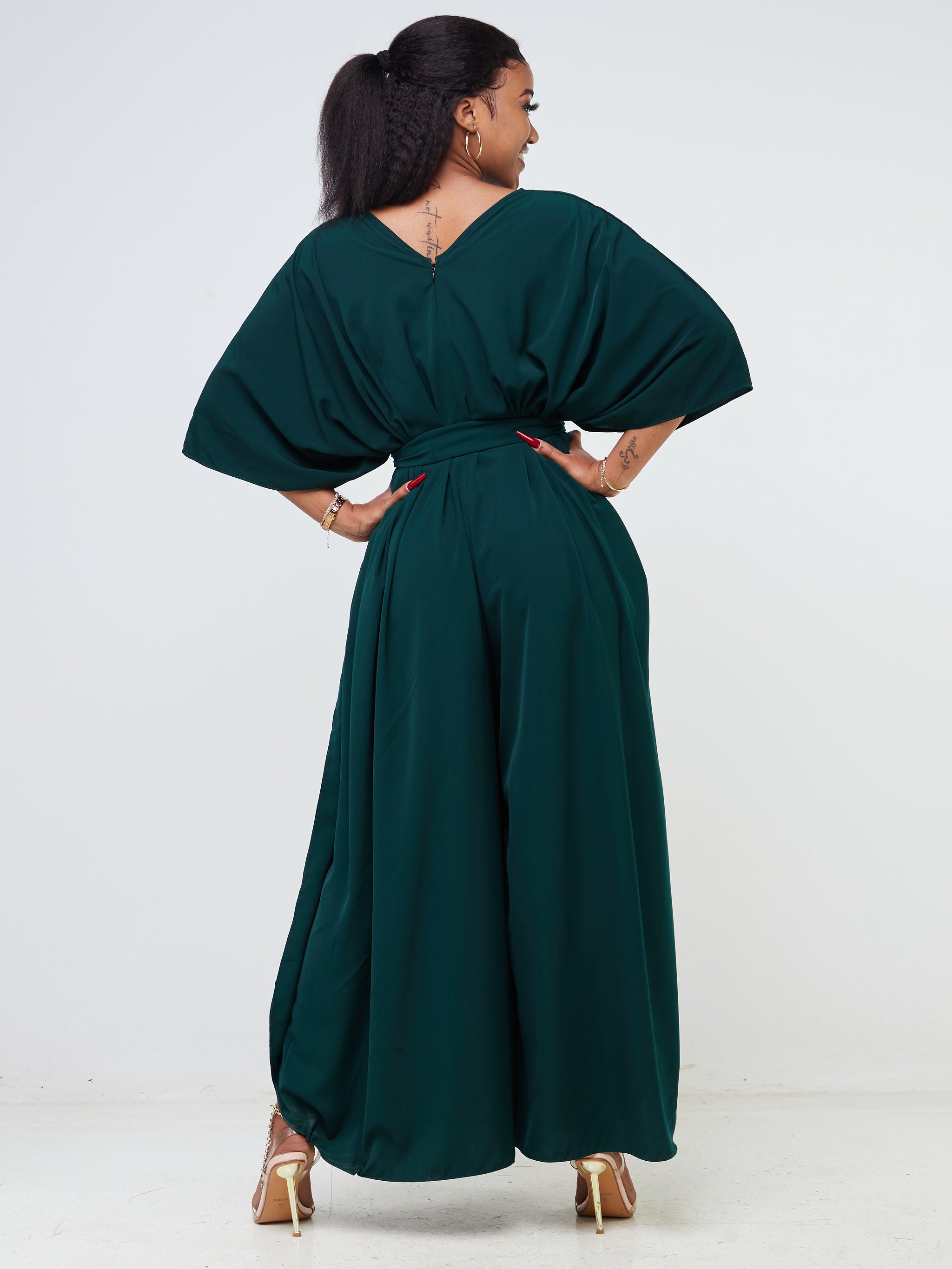 Vivo Adisa V-Neck Jumpsuit Kaftan - Dark Green