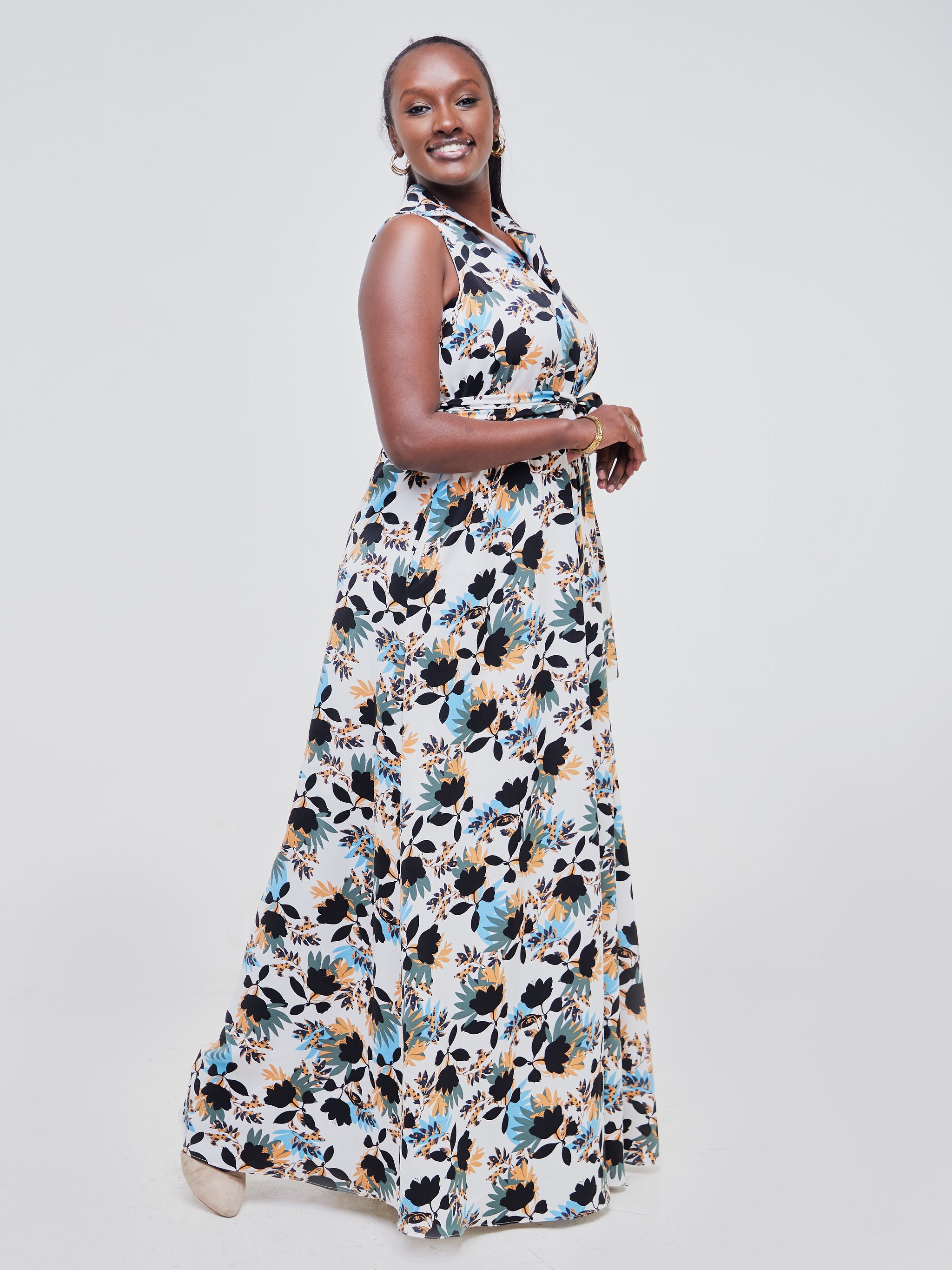 Vivo Zuri Sleeveless Tent Maxi Dress - Black / Orange Floral Print