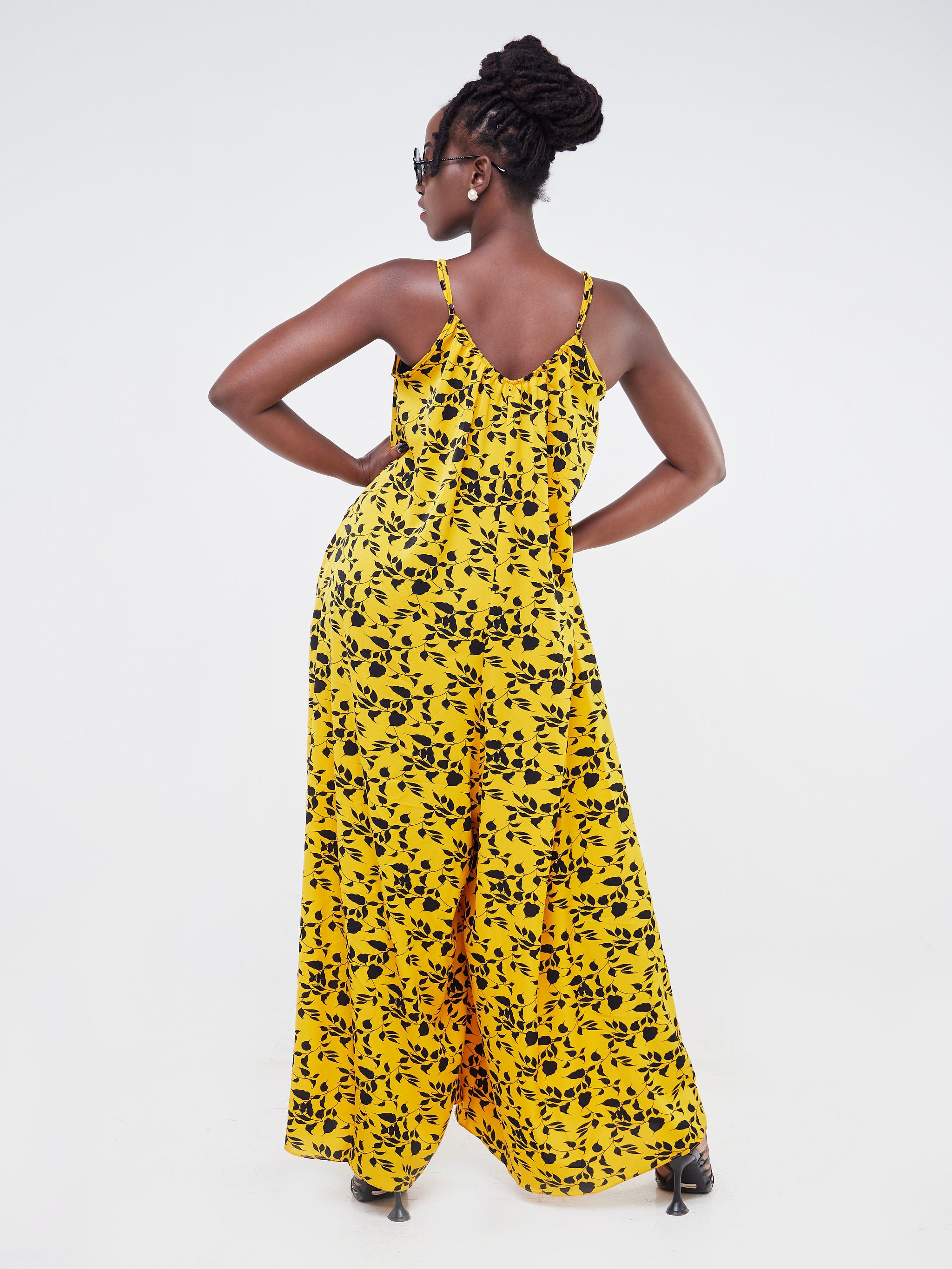 Vivo Zola Strappy Jumpsuit - Black / Mustard Leaf Print