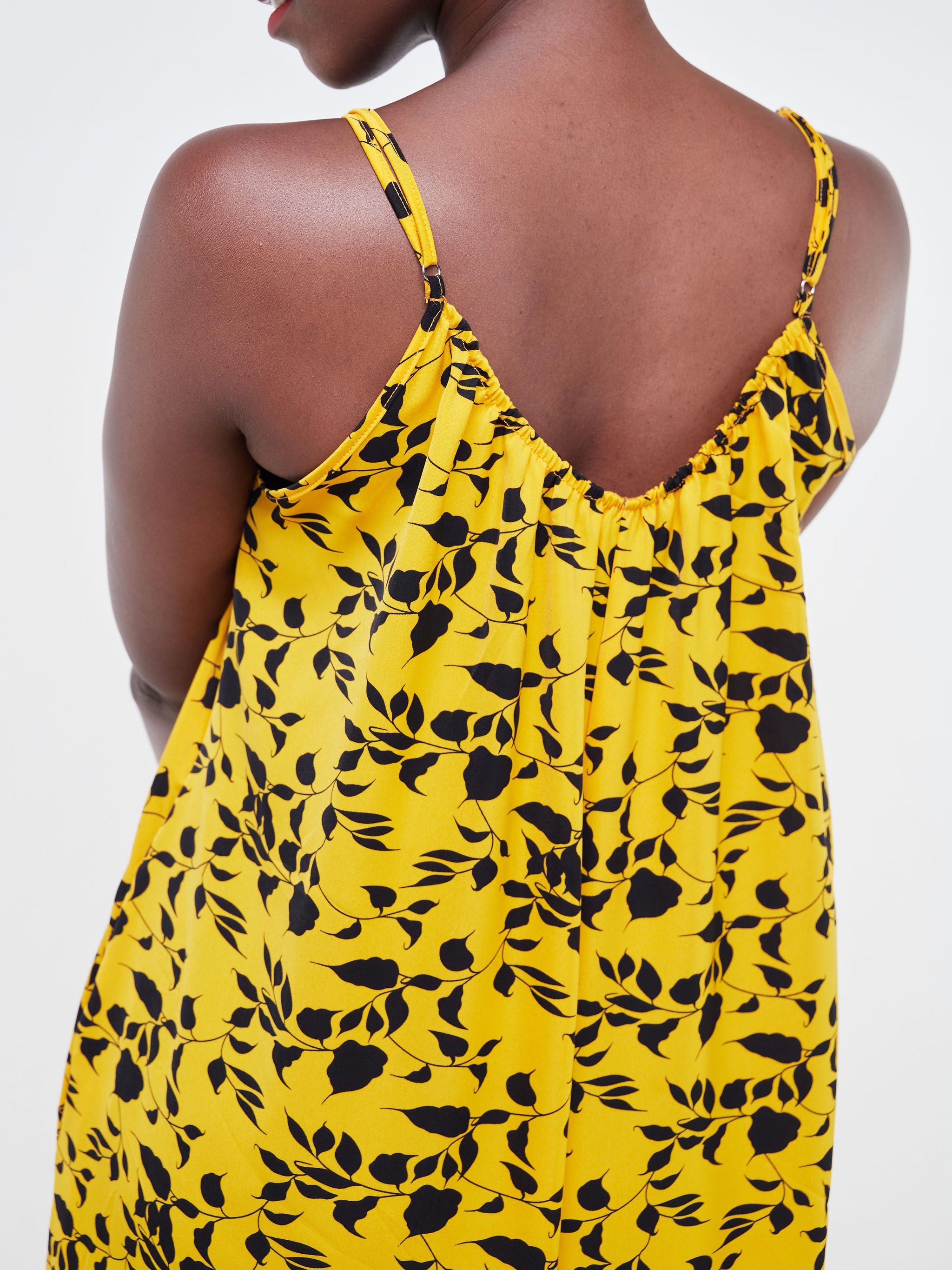 Vivo Zola Strappy Jumpsuit - Black / Mustard Leaf Print