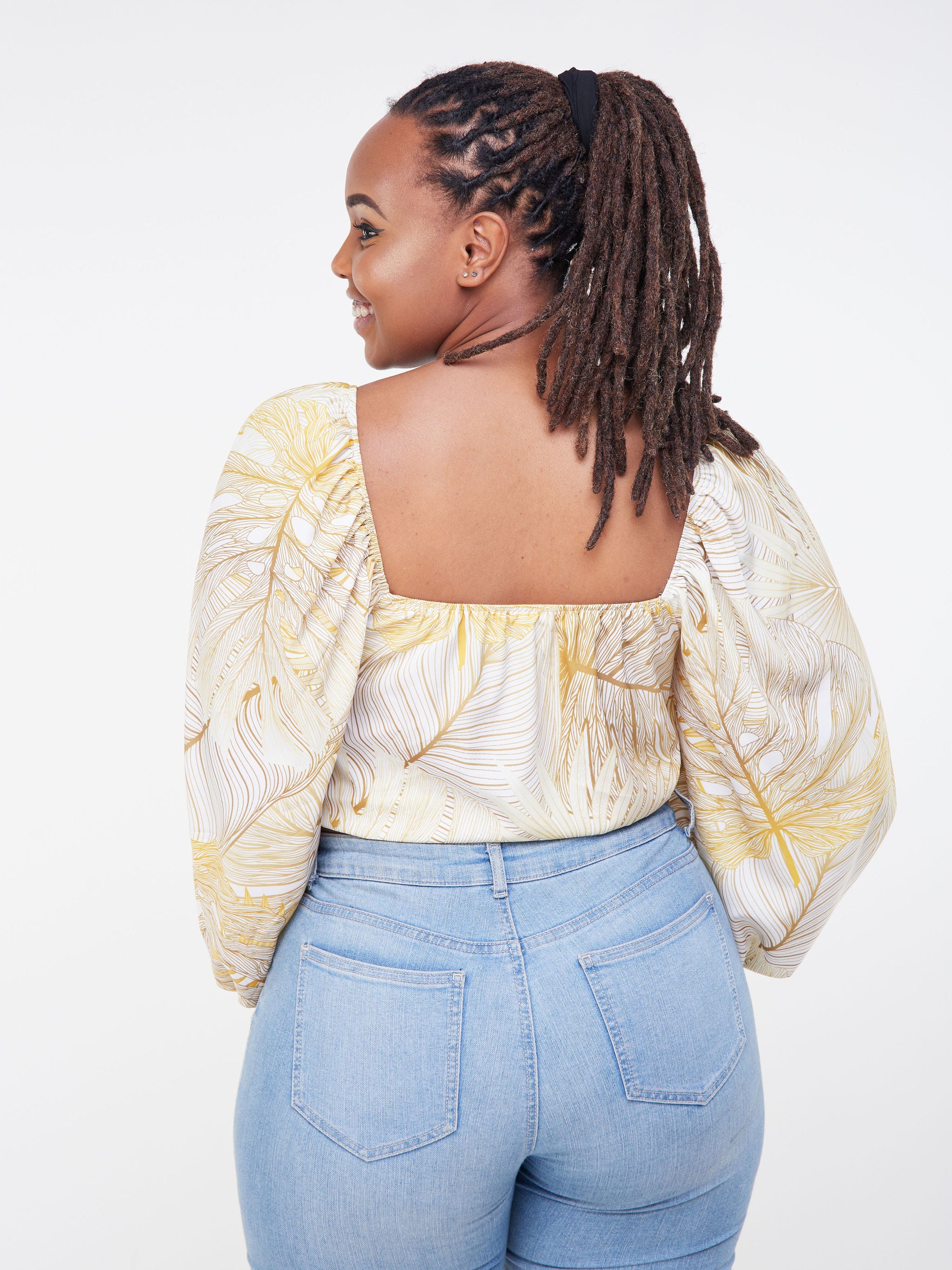 Vivo Malindi Puff Sleeve Top (JK) - Gold / White Tropical Floral Print