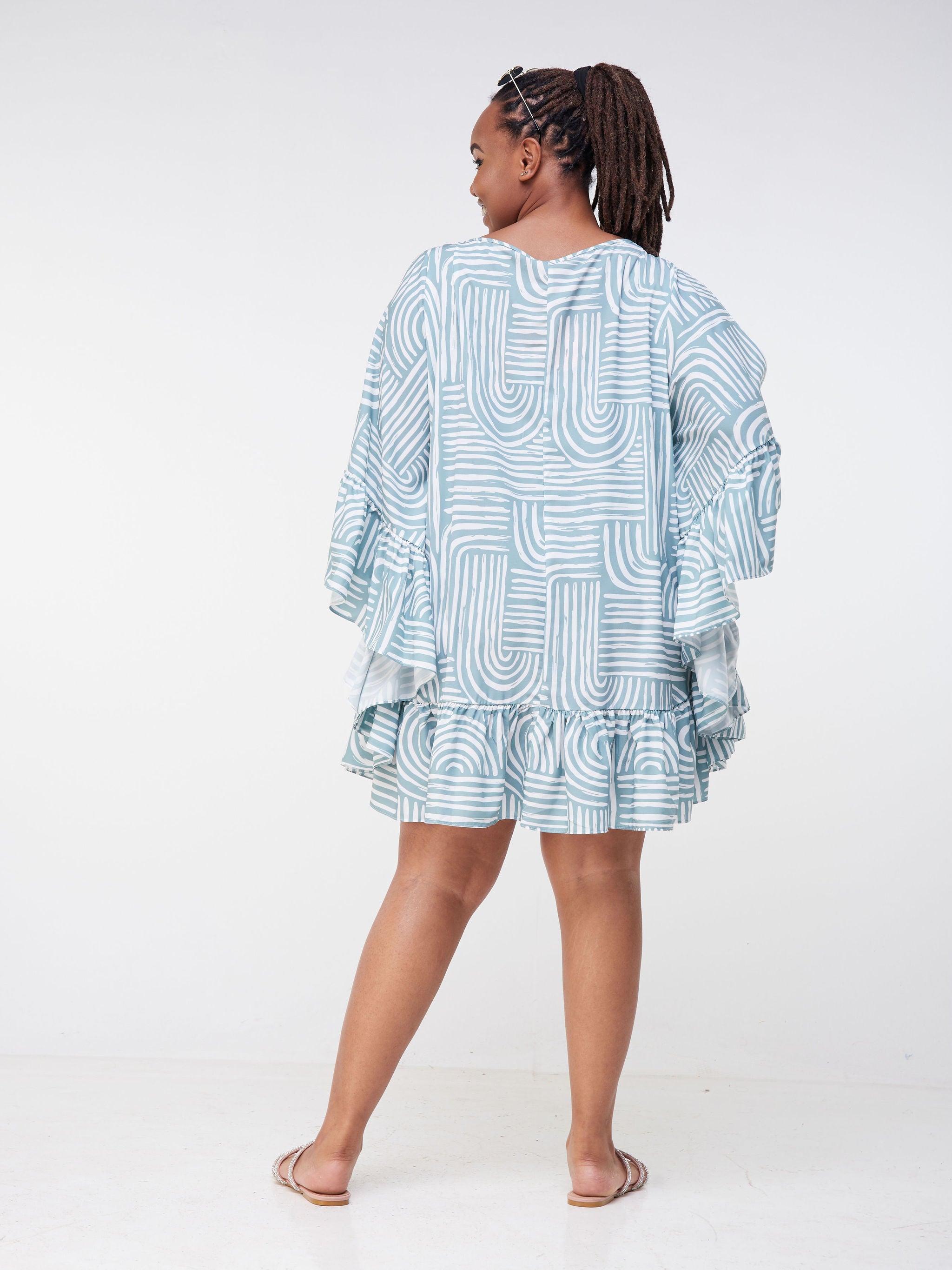 Vivo Malindi Flounce Kaftan Dress (JK) - Mint Green / White Abstract Print