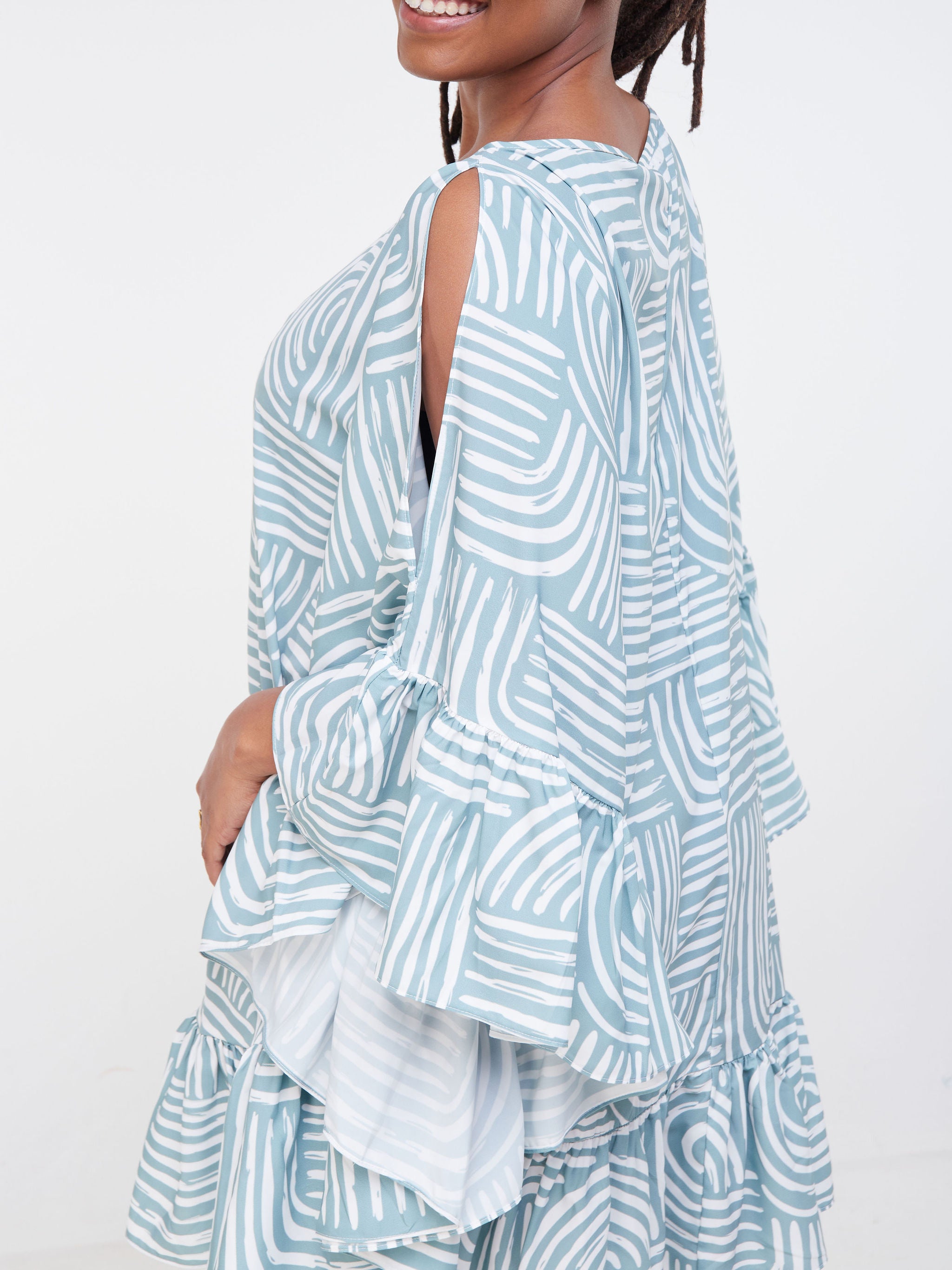 Vivo Malindi Flounce Kaftan Dress (JK) - Mint Green / White Abstract Print