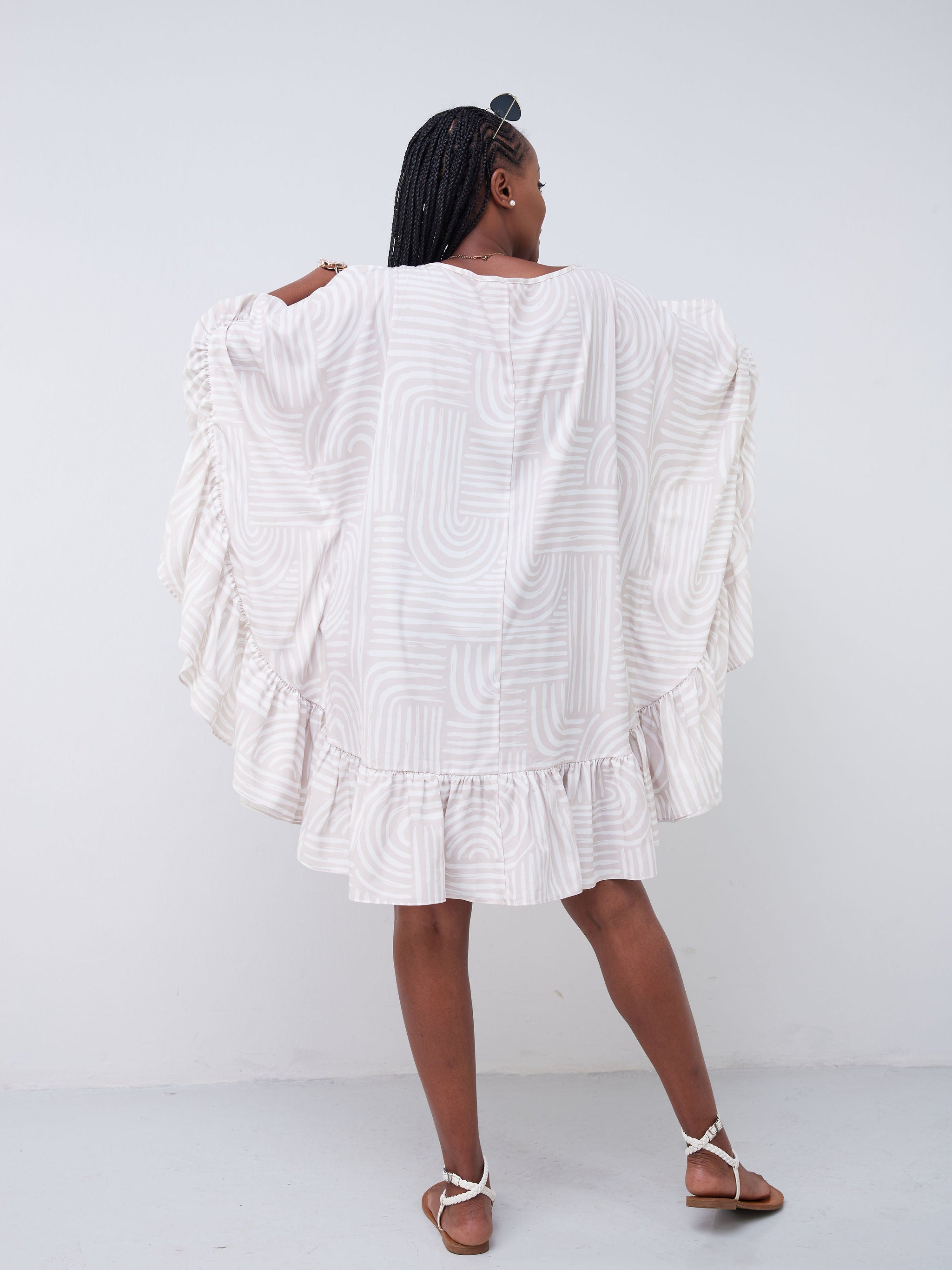 Vivo Malindi Flounce Kaftan Dress (JK) - Nude / White Abstract Print