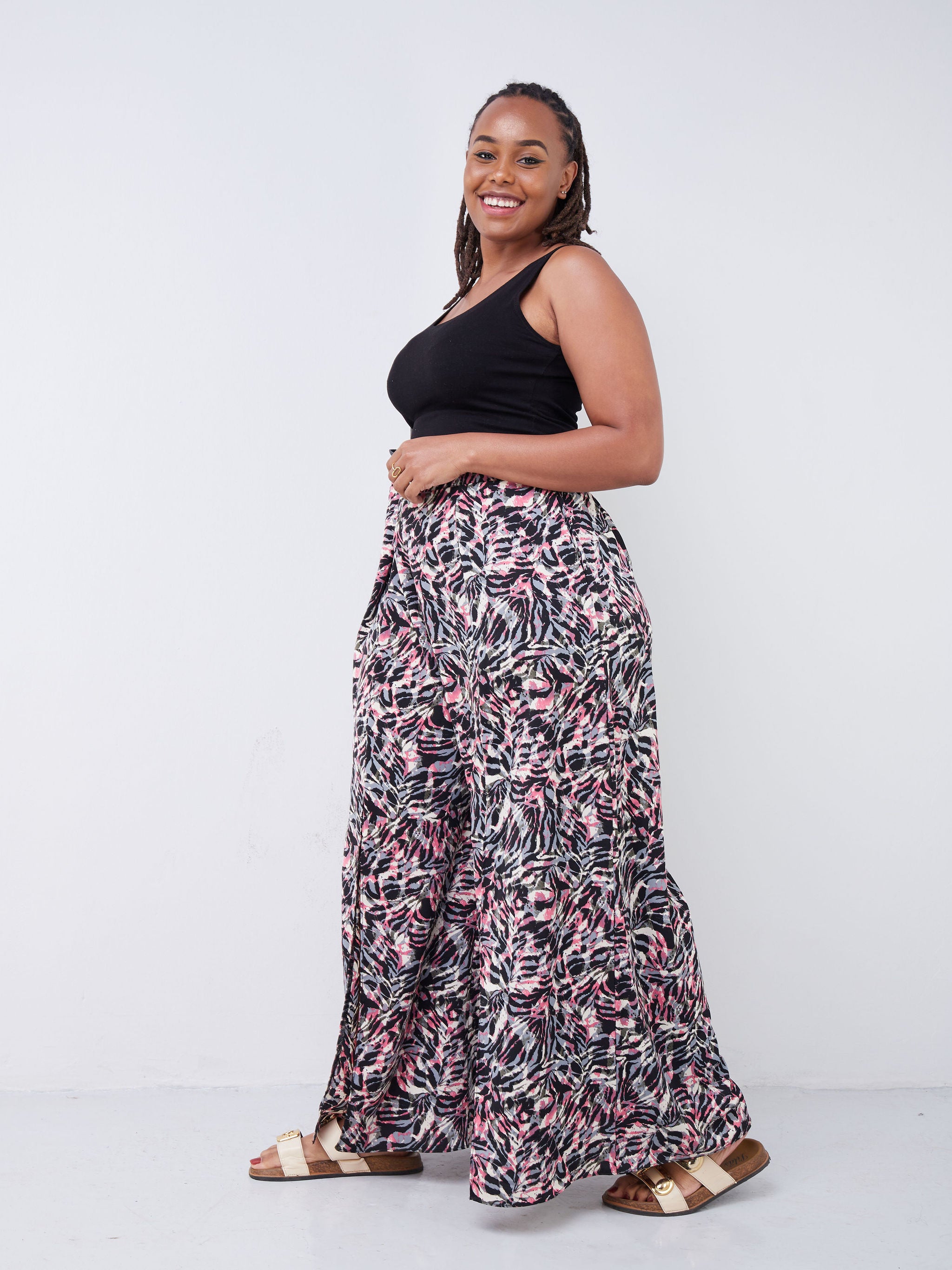 Vivo Malindi Front Slit Pants - Black / Pink Abstract Print