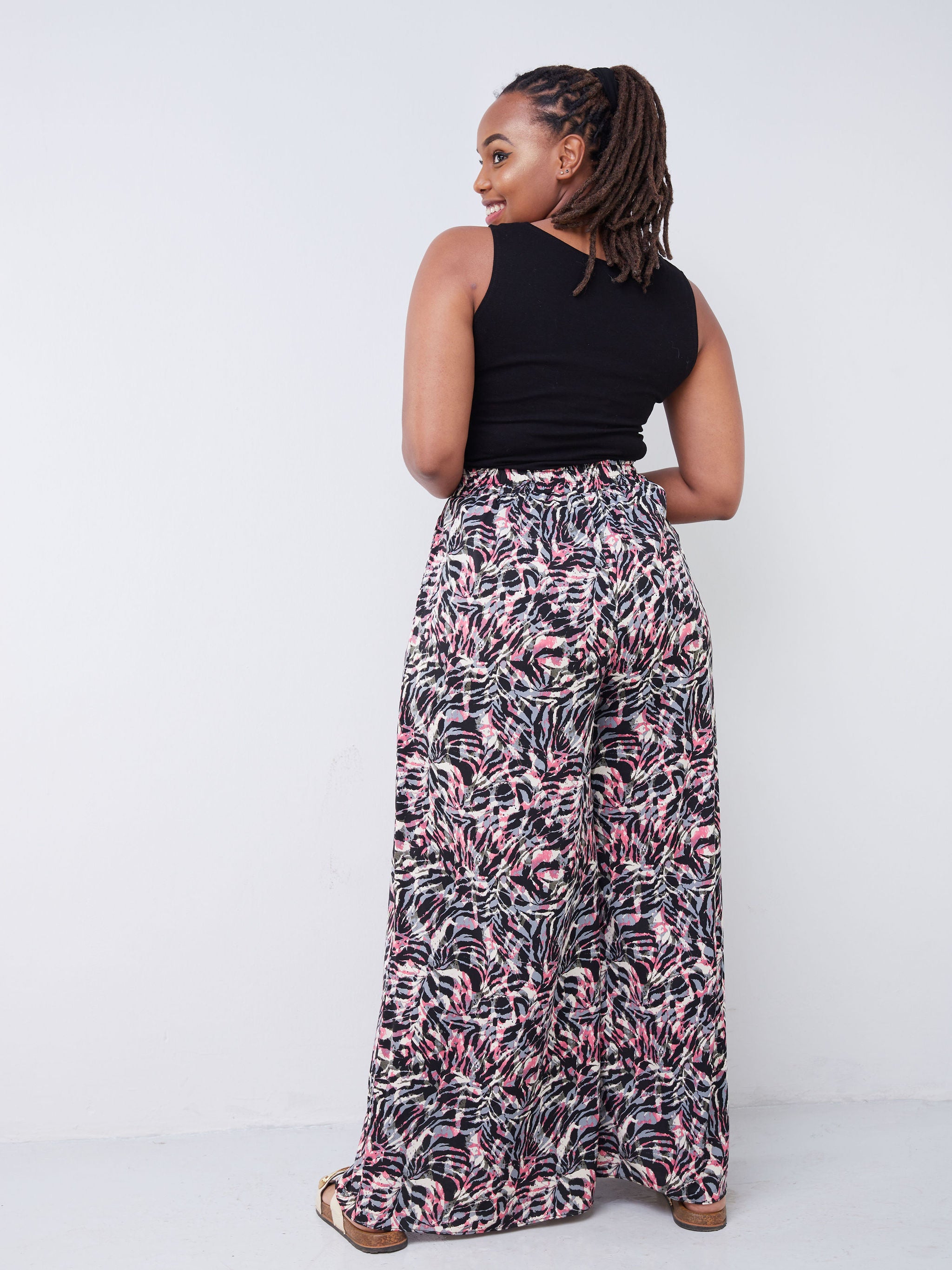 Vivo Malindi Front Slit Pants - Black / Pink Abstract Print