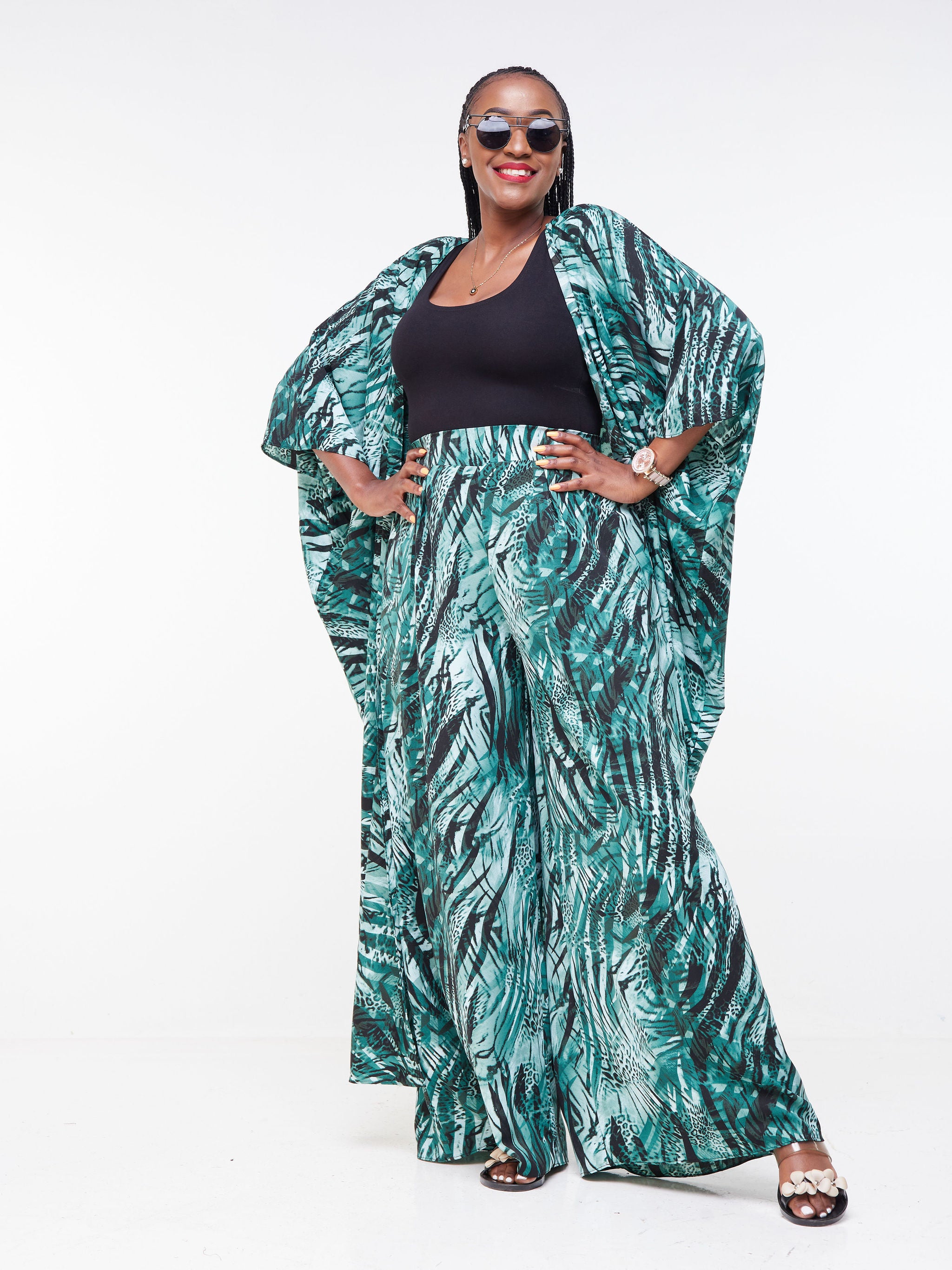 Vivo Malindi Crepe Palazzo Pants  - Black / Dark Green Abstract Print