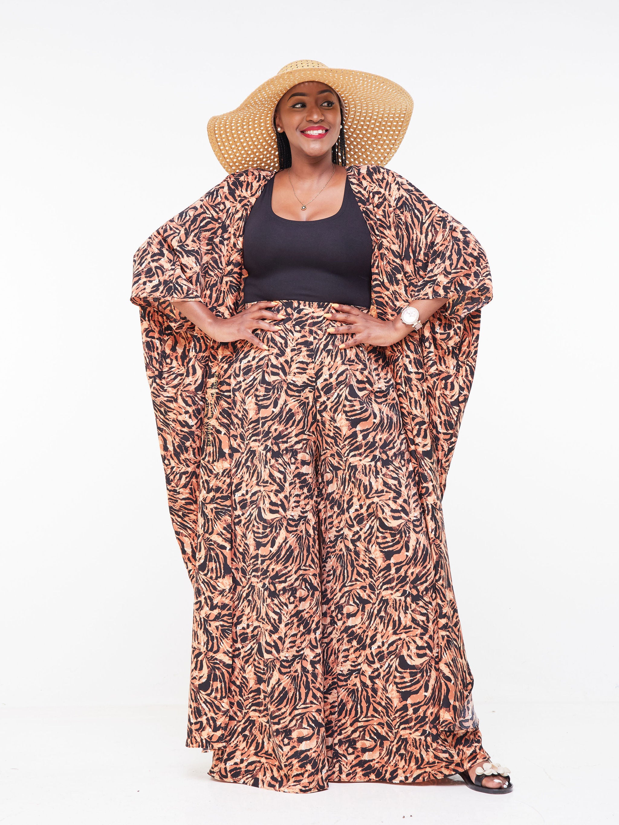 Vivo Malindi Maxi Kimono - Black / Brown Animal Print