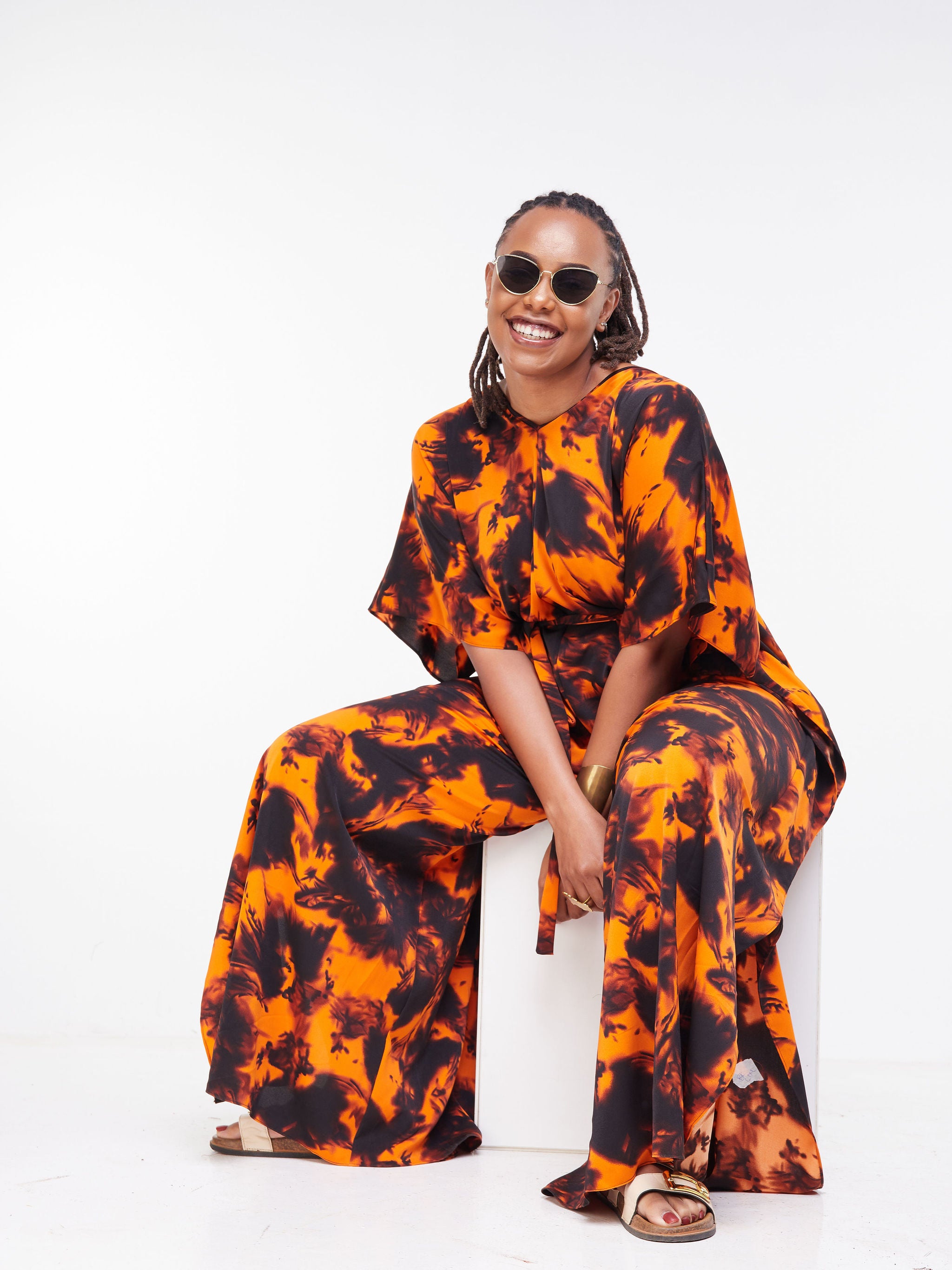 Vivo Malindi Jumpsuit Kaftan - Orange / Black Abstract Print