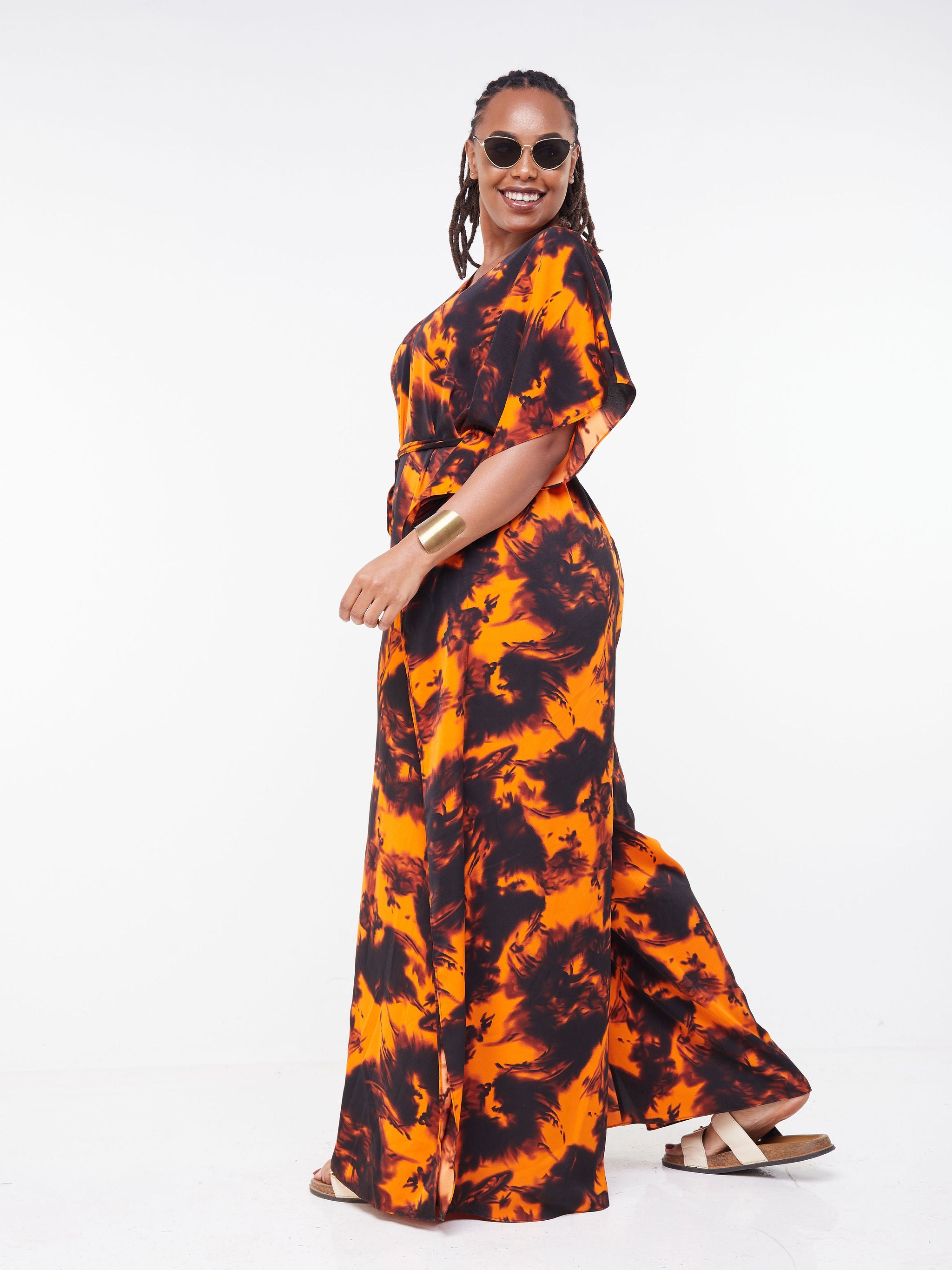 Vivo Malindi Jumpsuit Kaftan - Orange / Black Abstract Print