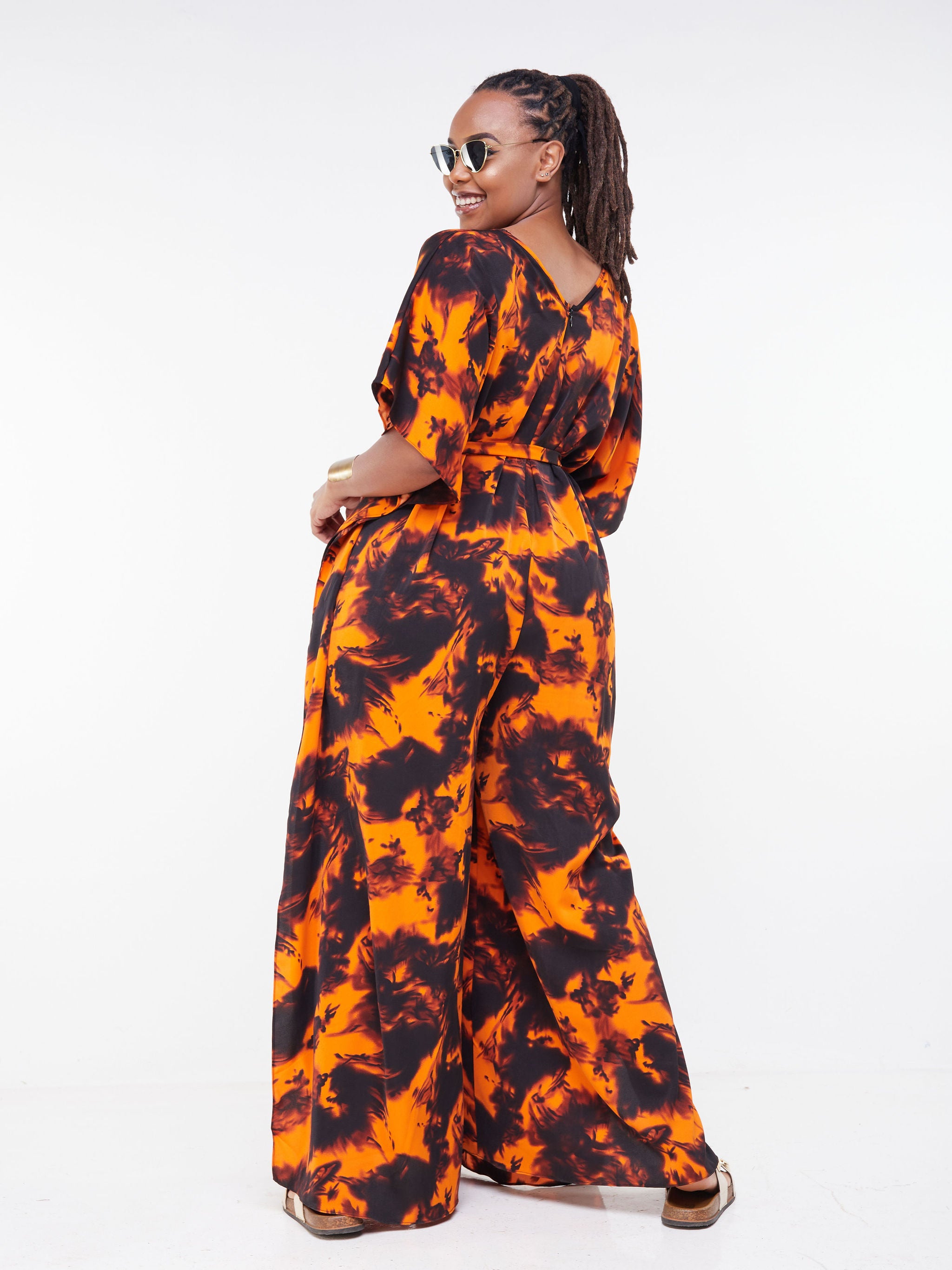 Vivo Malindi Jumpsuit Kaftan - Orange / Black Abstract Print