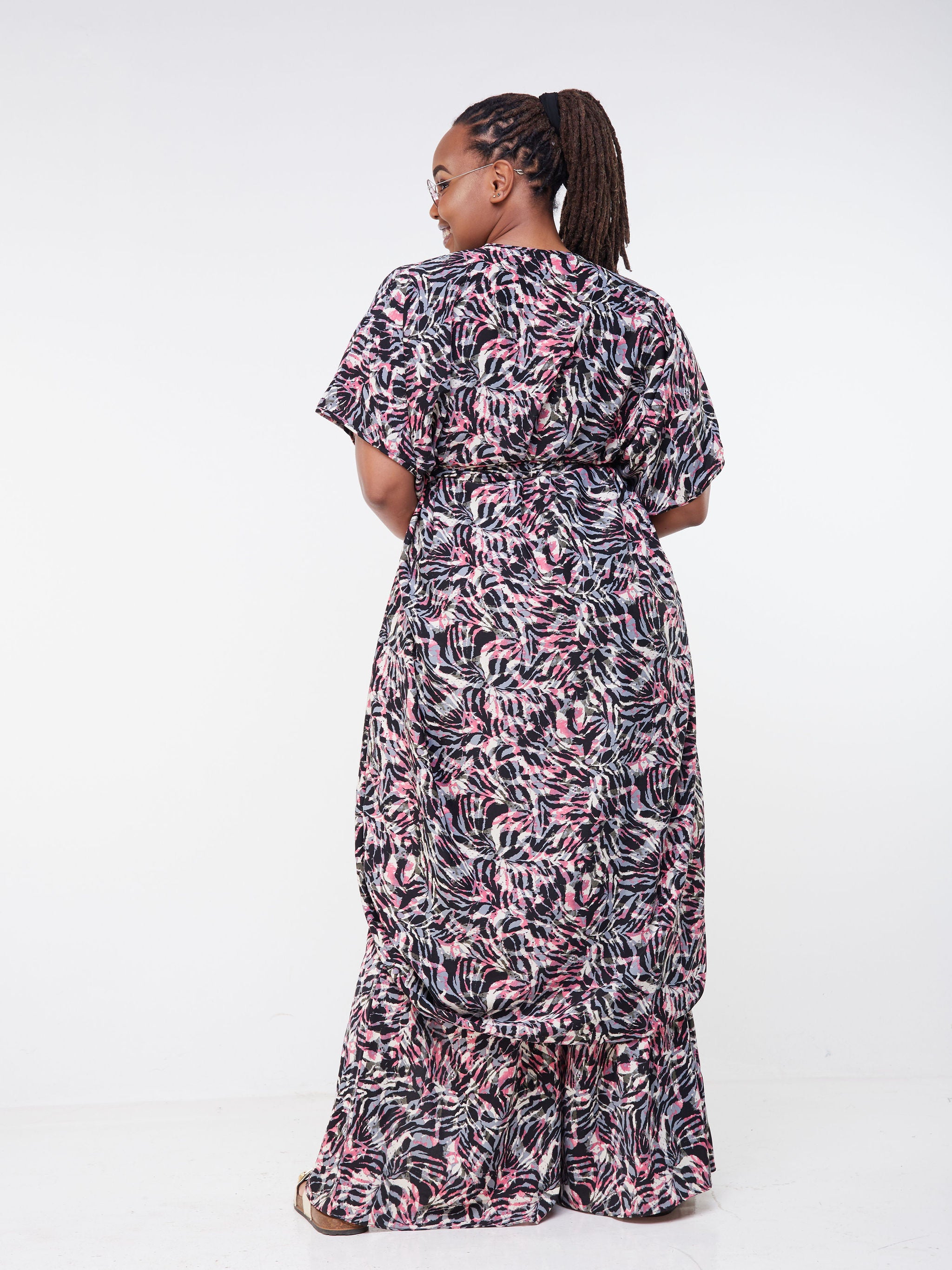 Vivo Malindi Wrap Midi Kaftan - Black / Pink Abstract Print
