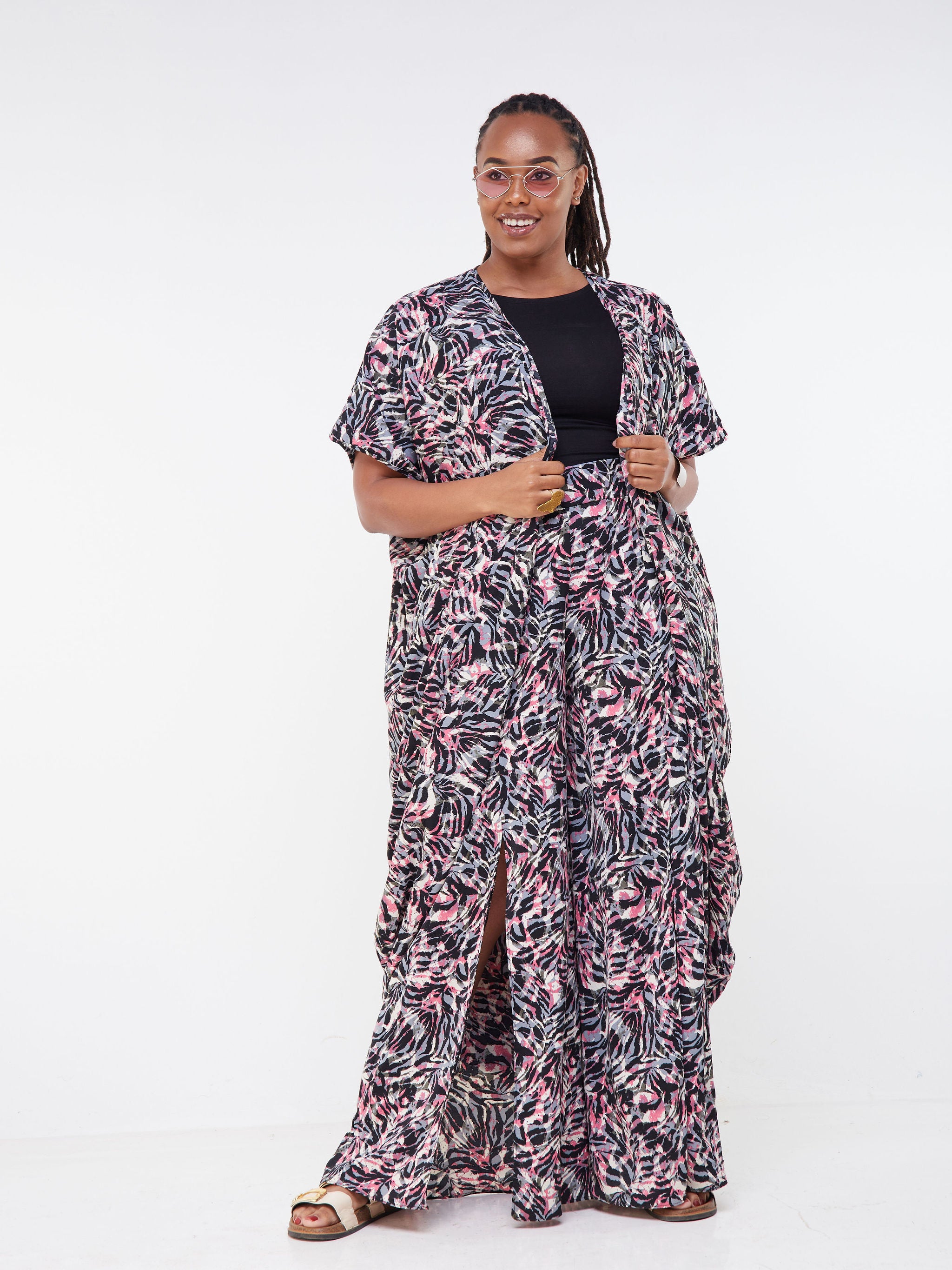 Vivo Malindi Wrap Midi Kaftan - Black / Pink Abstract Print
