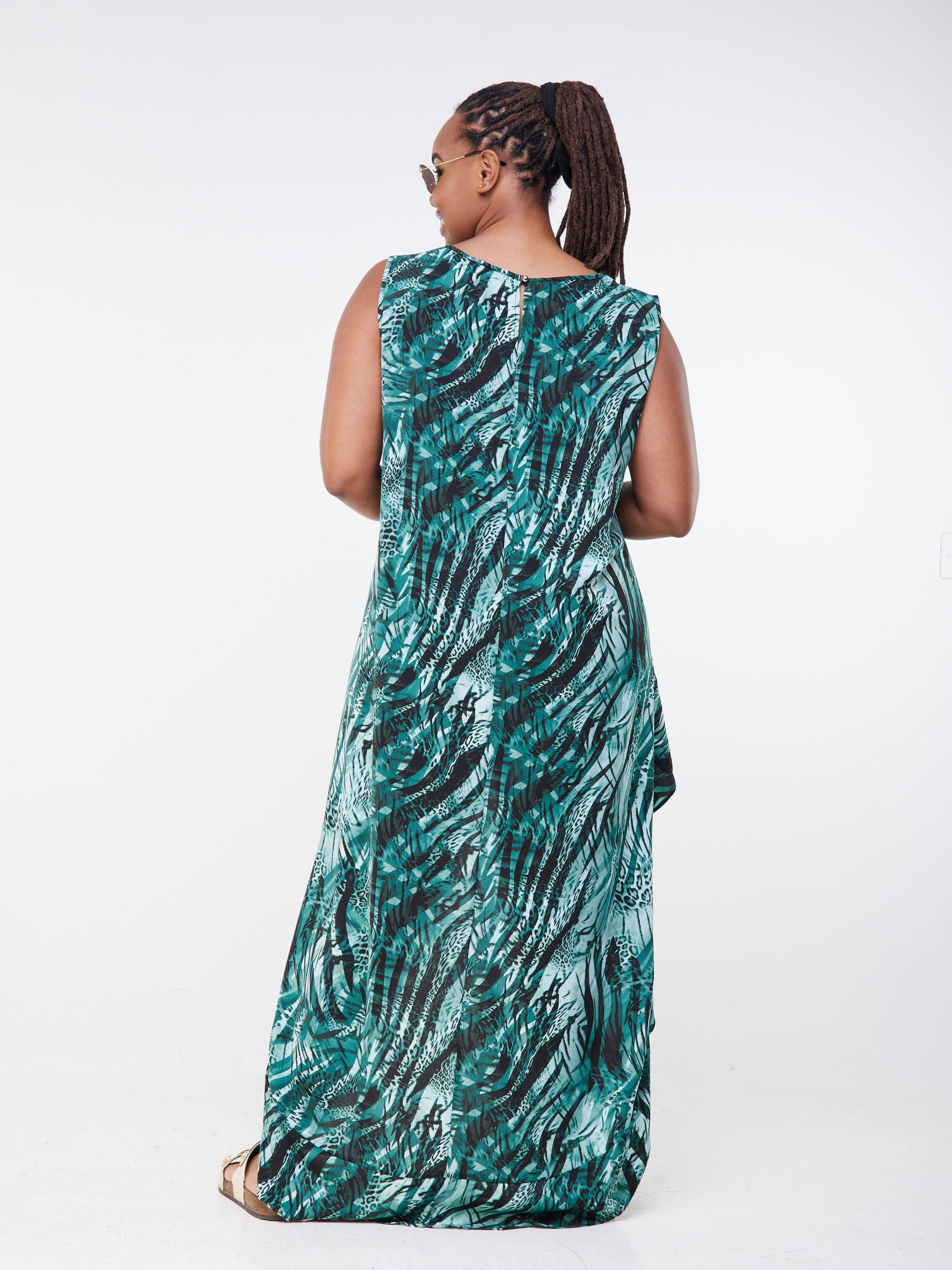 Vivo Malindi Flounce High Low Maxi Top - Green / Black Abstract Print