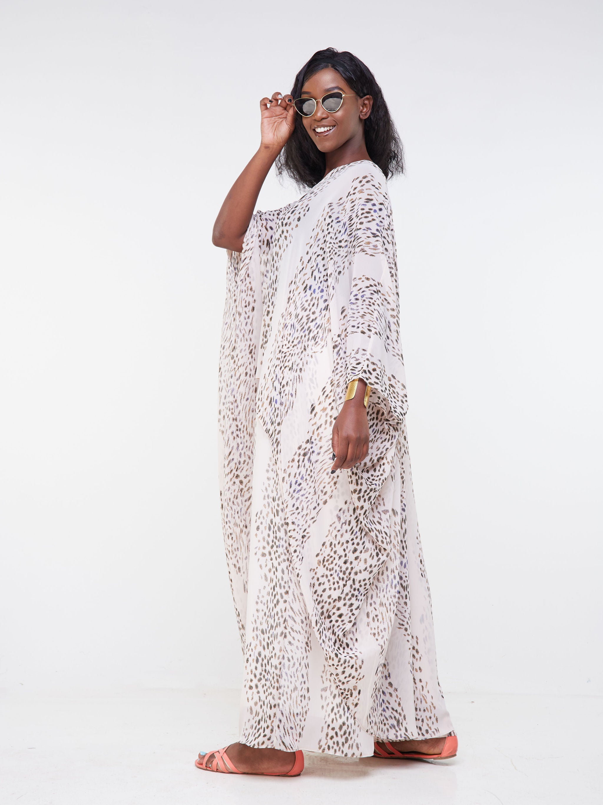 Vivo Malindi V-Neck High Low Kaftan Top - Light Pink / Black Animal Print