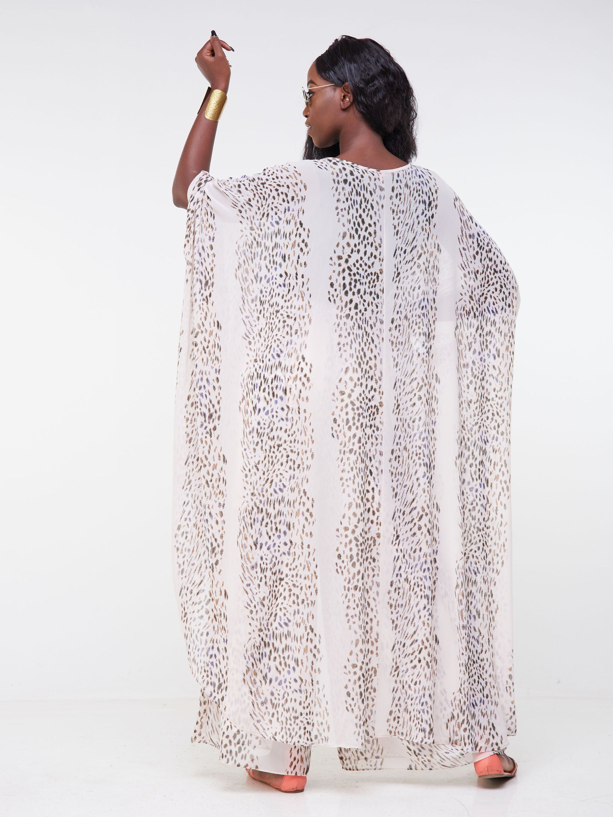 Vivo Malindi V-Neck High Low Kaftan Top - Light Pink / Black Animal Print