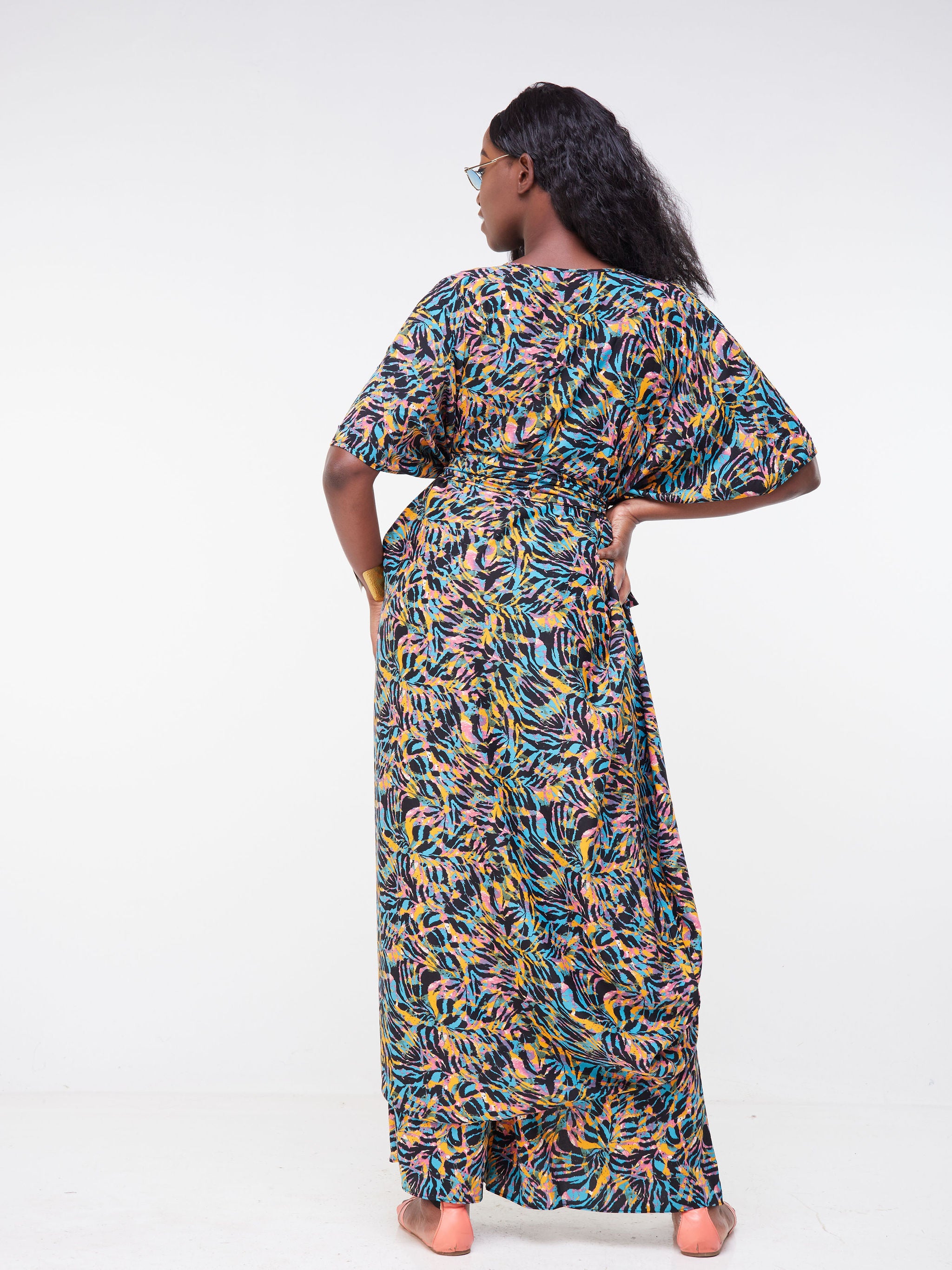 Vivo Malindi Wrap Midi Kaftan- Black / Teal Abstract Print